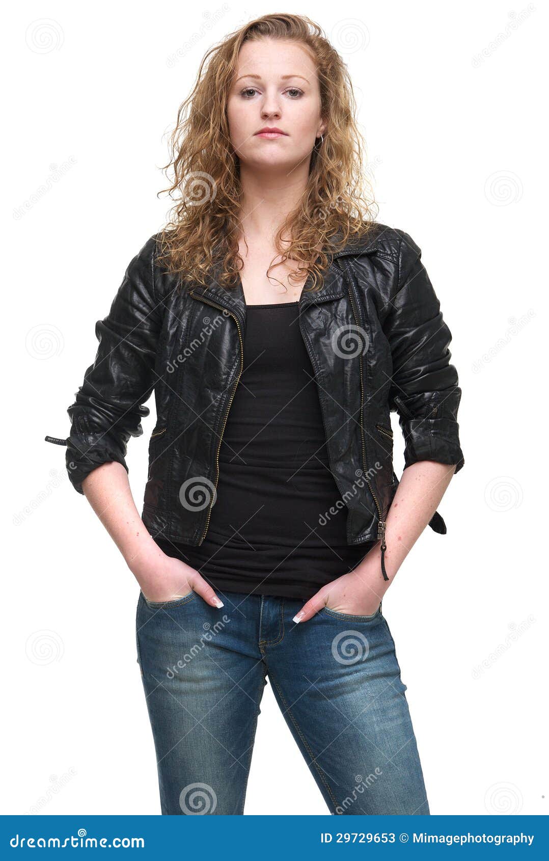 Confident Woman in Jeans and Leather Jacket Stock Image - Image of ...