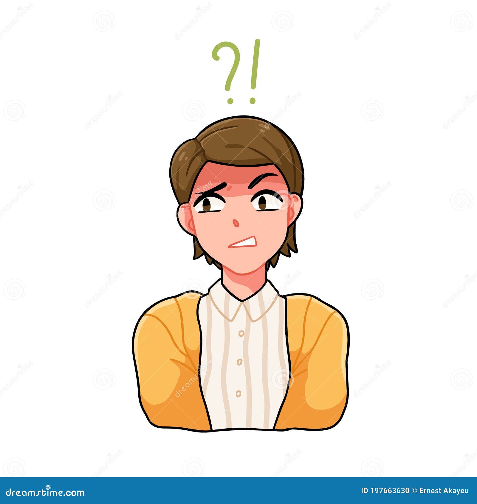 portrait of confused anime boy with question mark and exclamation point  . japanese teenager with