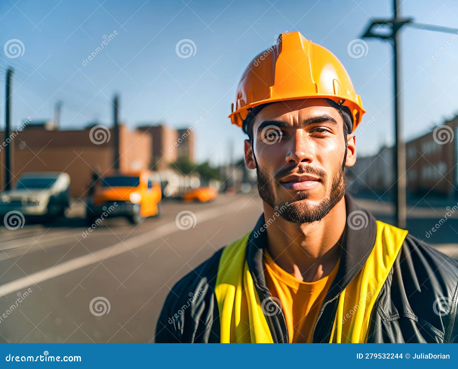 Portrait of Construction Worker with Safety Helmet on Head in Vest Standing at Construction Site