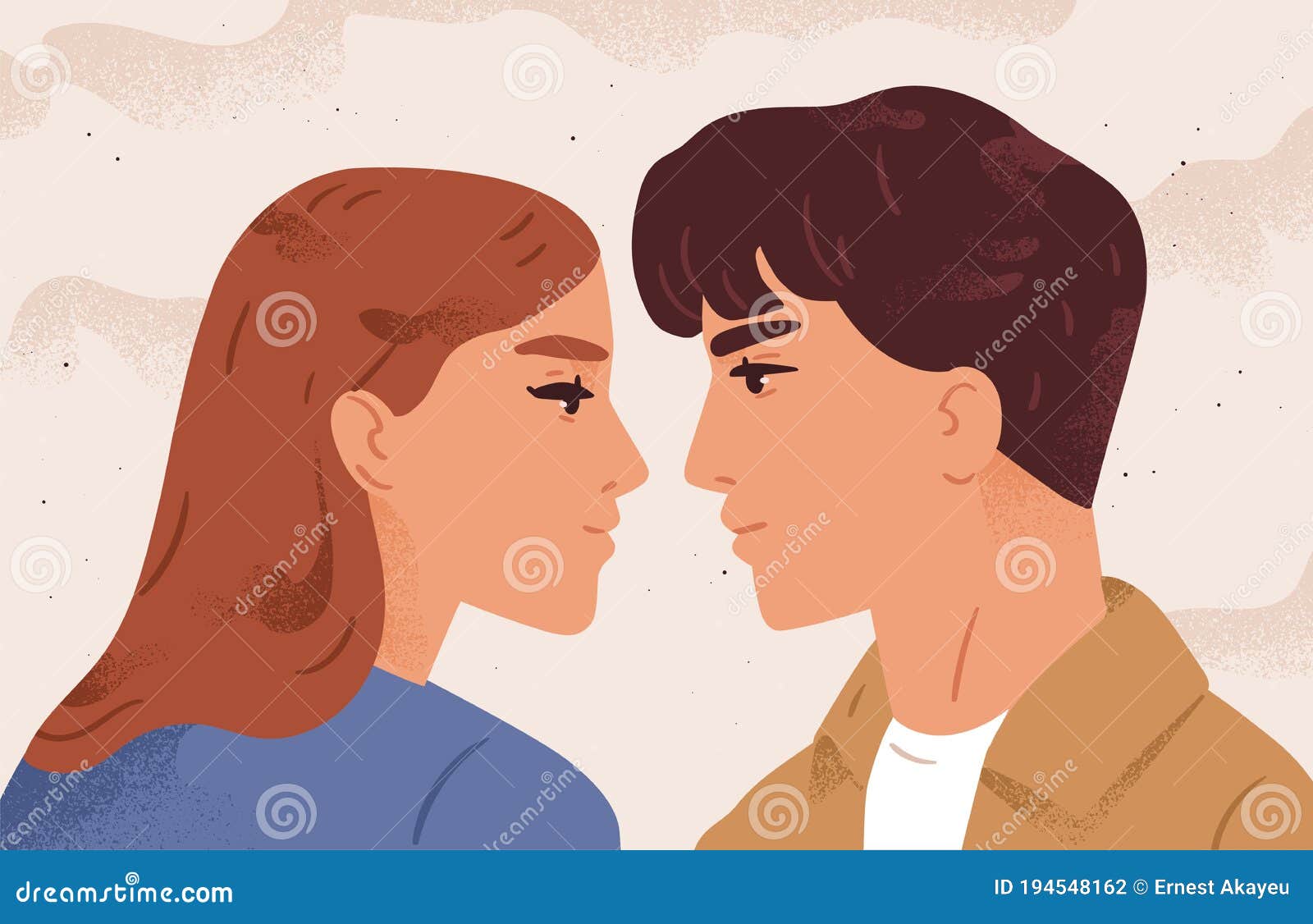 portrait of couple looking to each other having fondness  flat . face profile of enamored man and