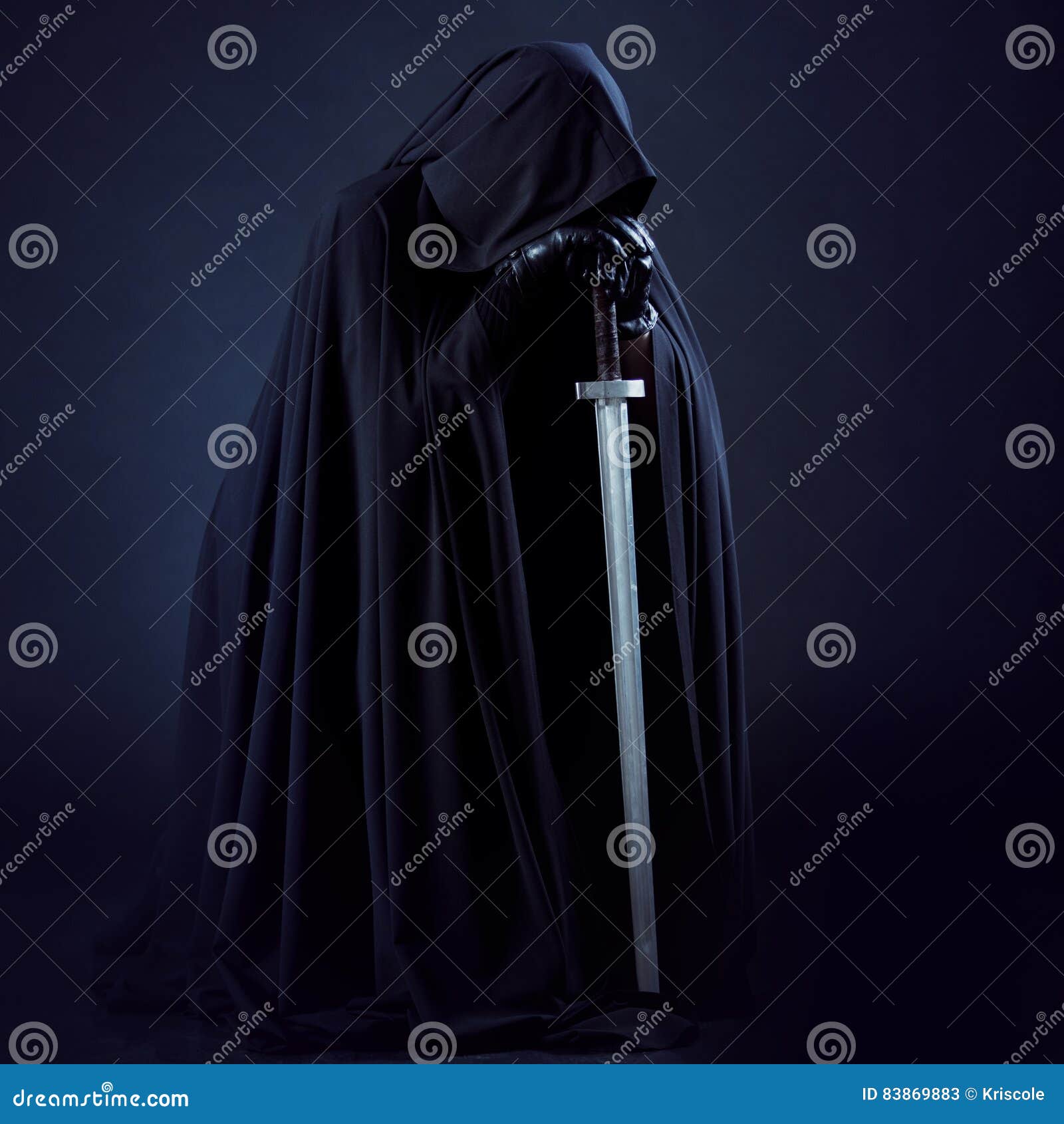 portrait of a courageous warrior wanderer in a black cloak and sword in hand.