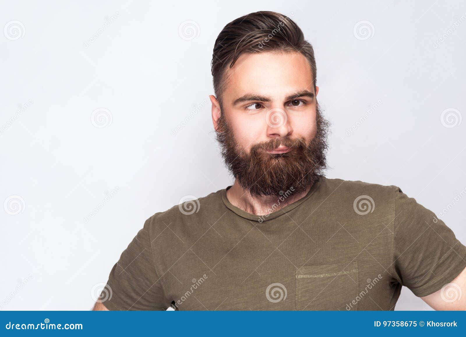 Portrait of Crazy Cross Eyed Bearded Man with Dark Green T Shirt ...