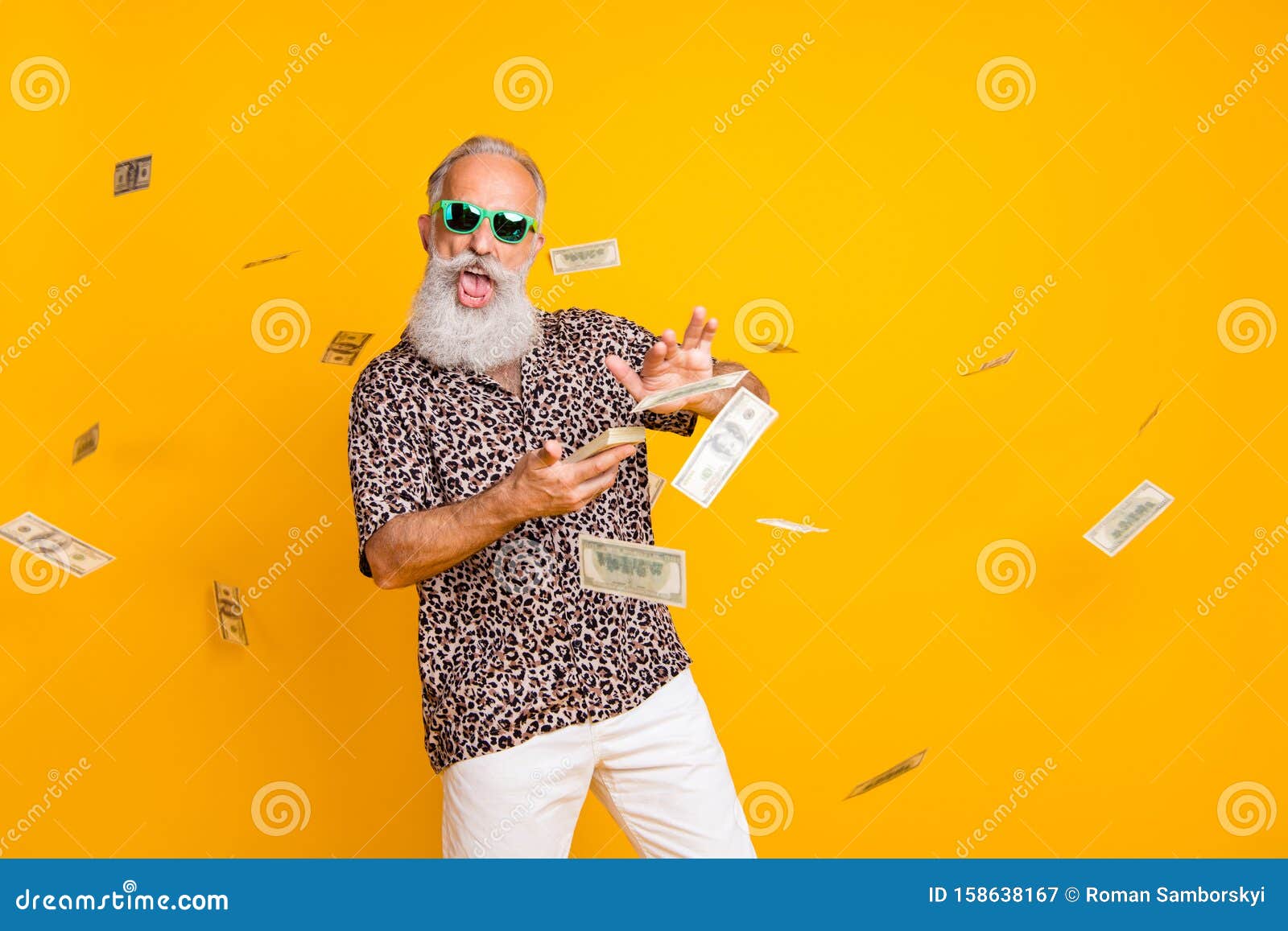 portrait of crazy funny funky old long bearded man millionaire in eyewear eyeglasses waste money throw banknotes wear
