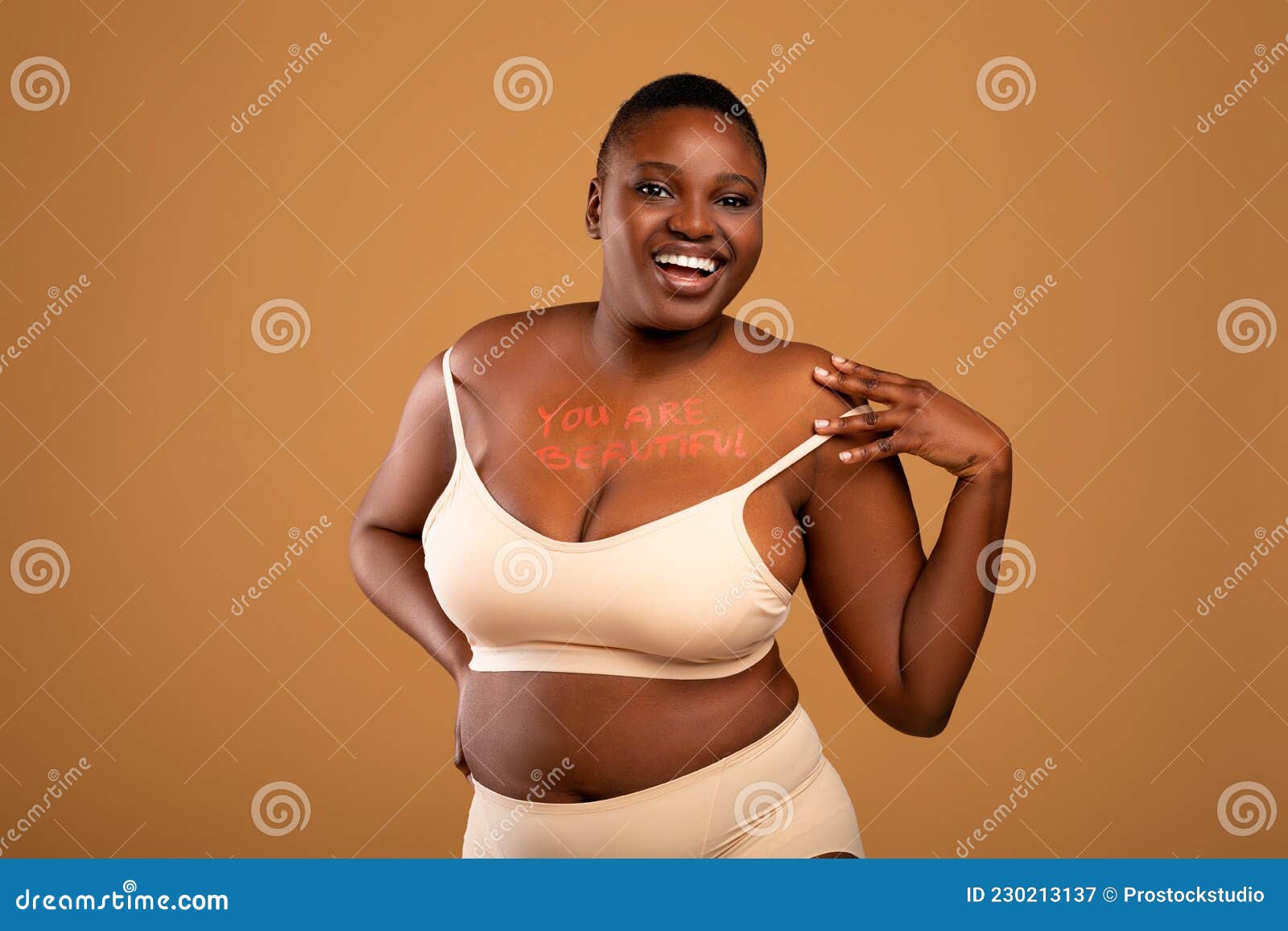 Portrait of Curvy Smiling Black Woman in Underwear Posing Stock Image -  Image of inscription, obese: 230213137