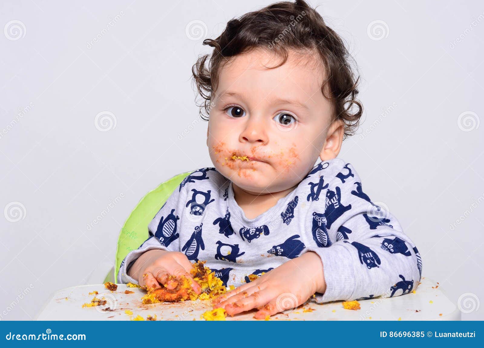 Portrait of a Cute Baby Eating Cake Making a Mess. Stock Image - Image ...