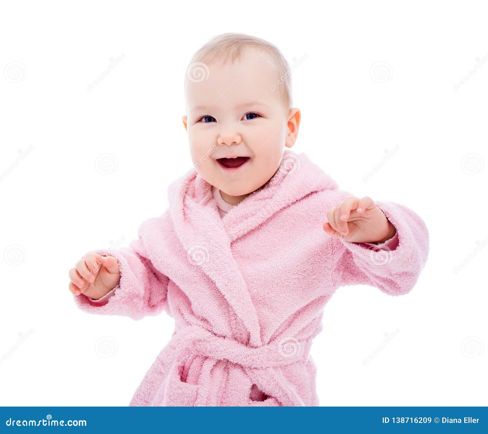 Portrait of Cute Baby Girl in Pink Bathrobe after Bath Isolated on ...
