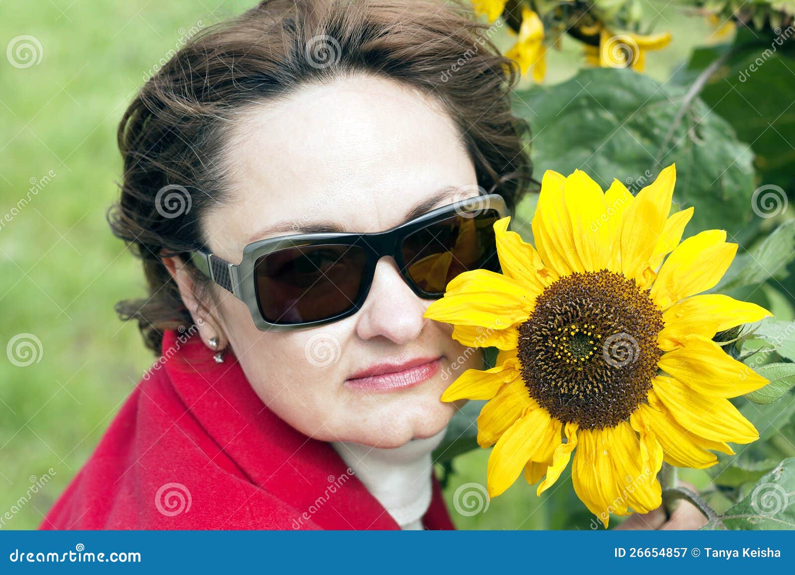 Portrait of Cute Lady with a Sunflower Stock Image Image of blue