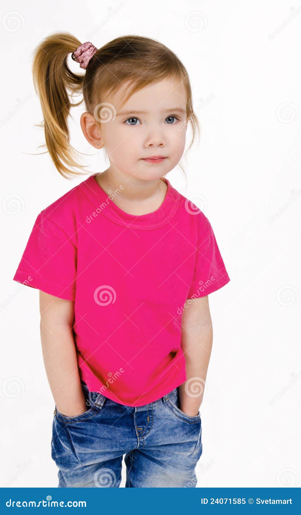Cute Smiley Little Girl Is Wearing Jeans Shirt And Pink Hat Sitting On