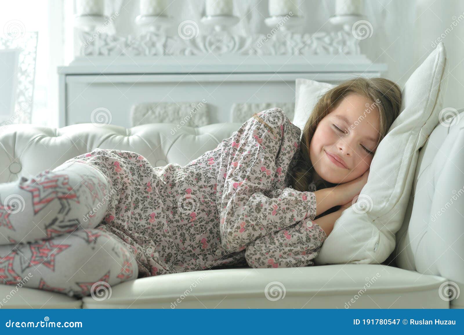 Portrait Of Cute Girl Sleeping On Sofa Stock Image Image Of Preteen