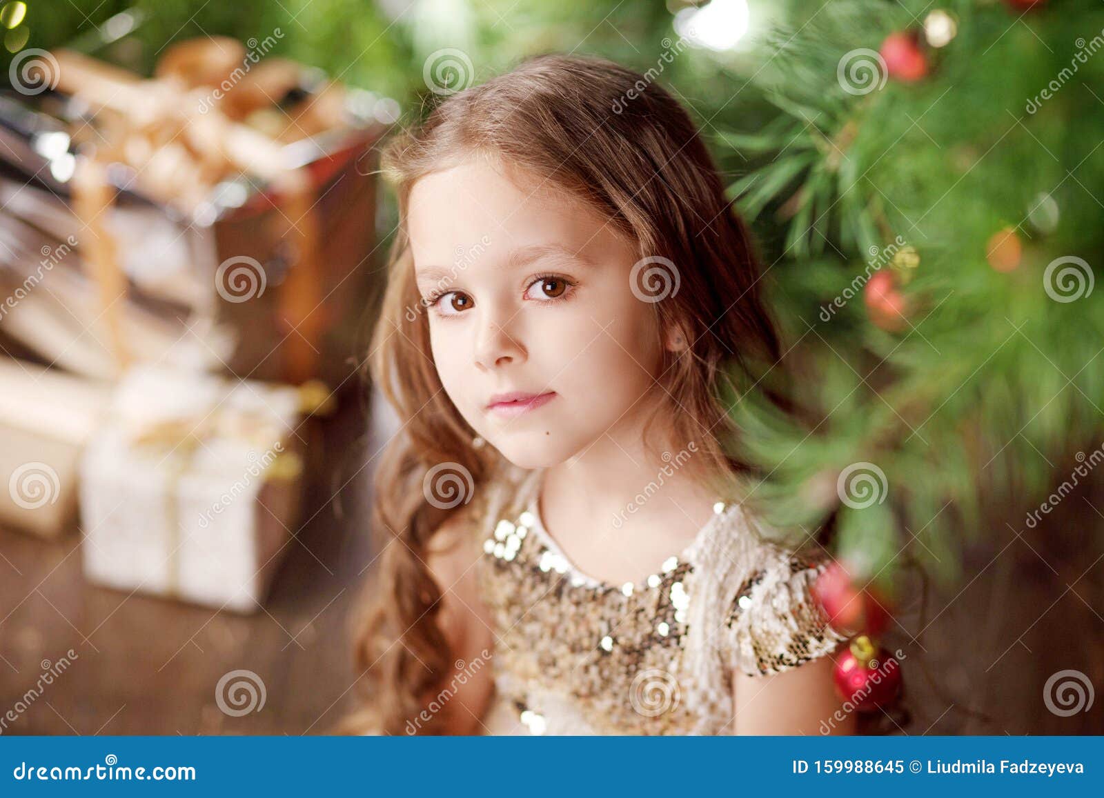Portrait of a Cute Long-haired Little Girl in Dress on Background of ...