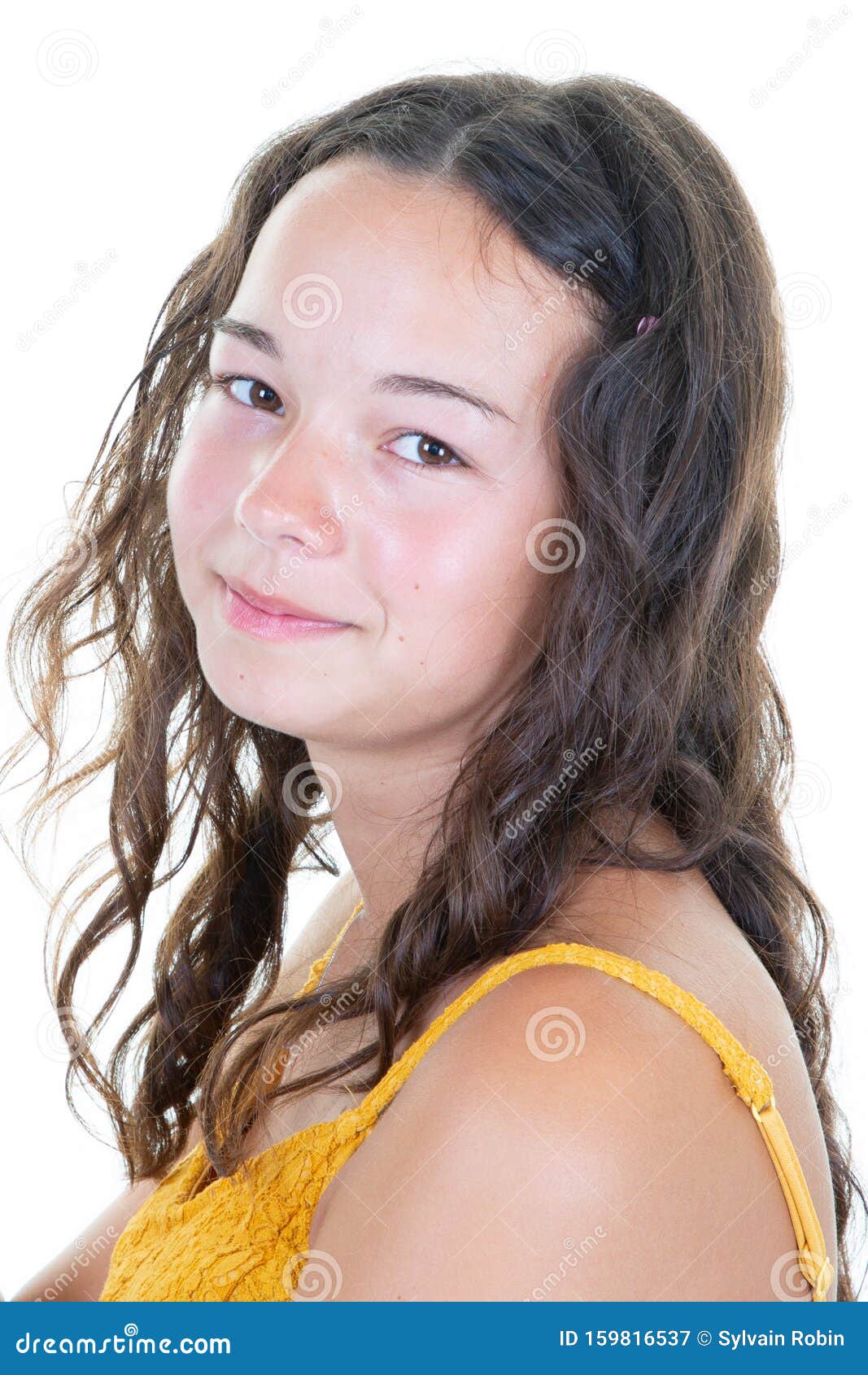 Portrait of Cute Lovely Young Woman with Dark Curly Hair Posing with ...