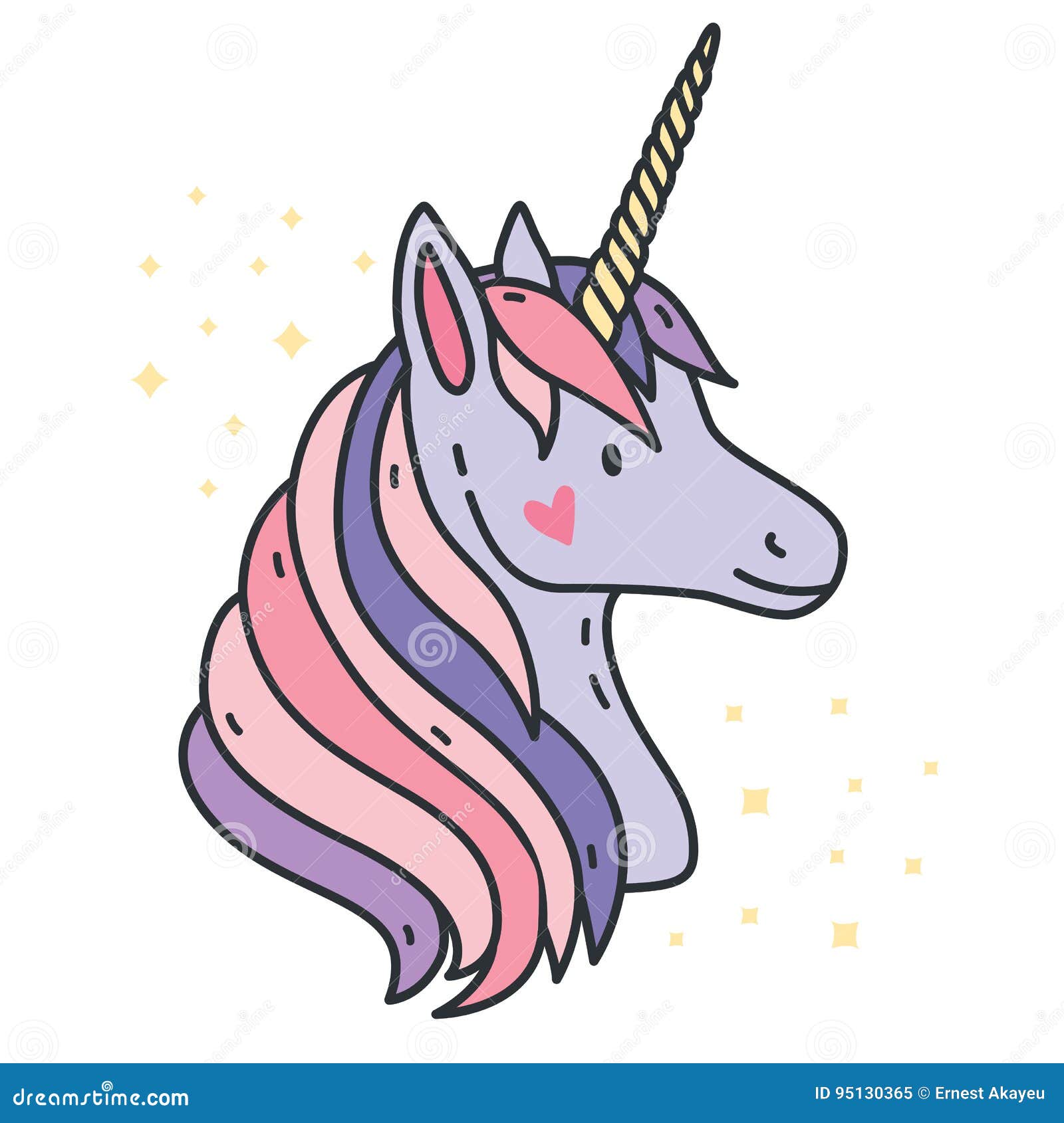 portrait of cute unicorn. purple fantasy animal with horn. side view. colorful   in cartoon style.