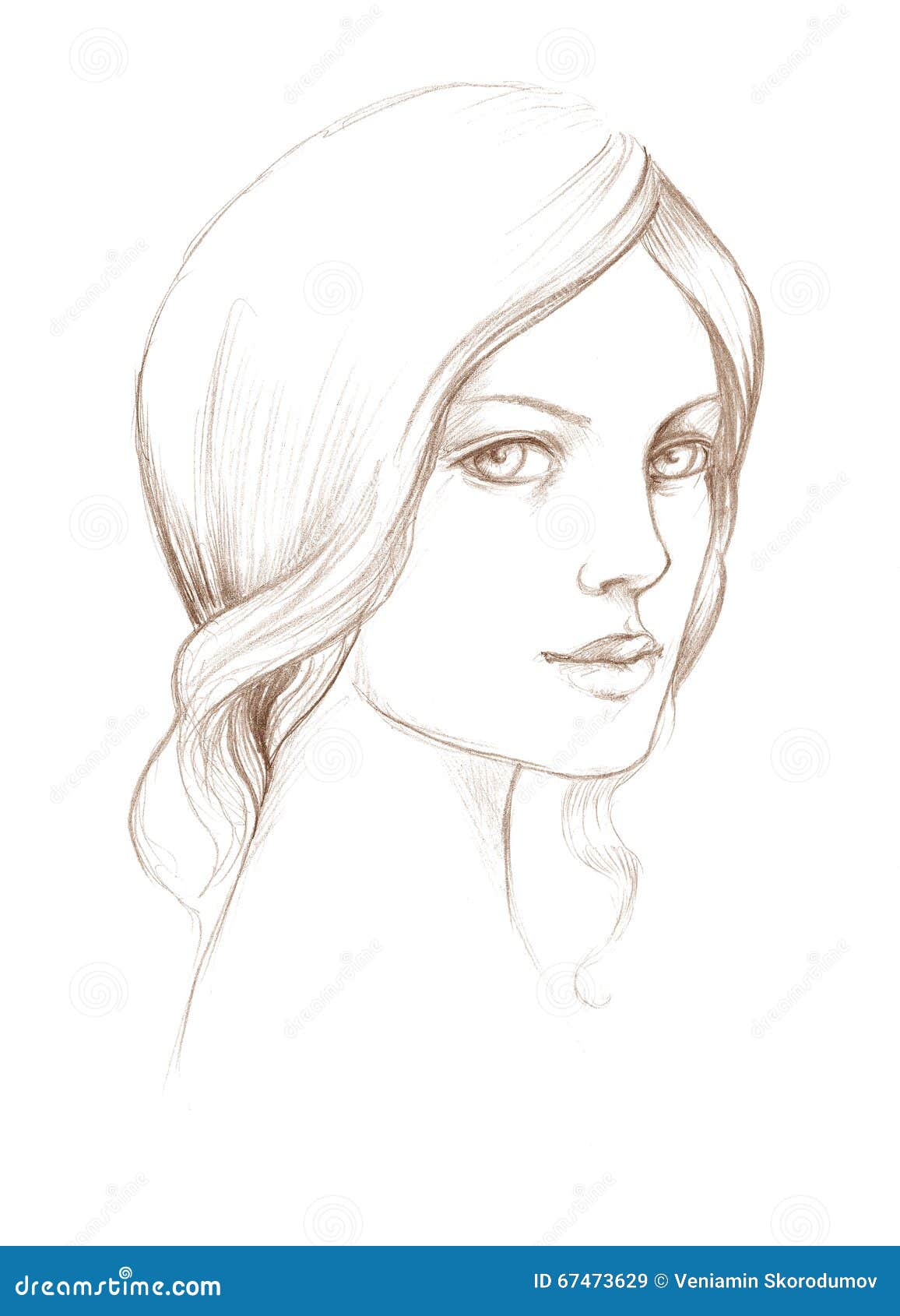 Portrait De Dessin Au Crayon Dune Jolie Femme Illustration