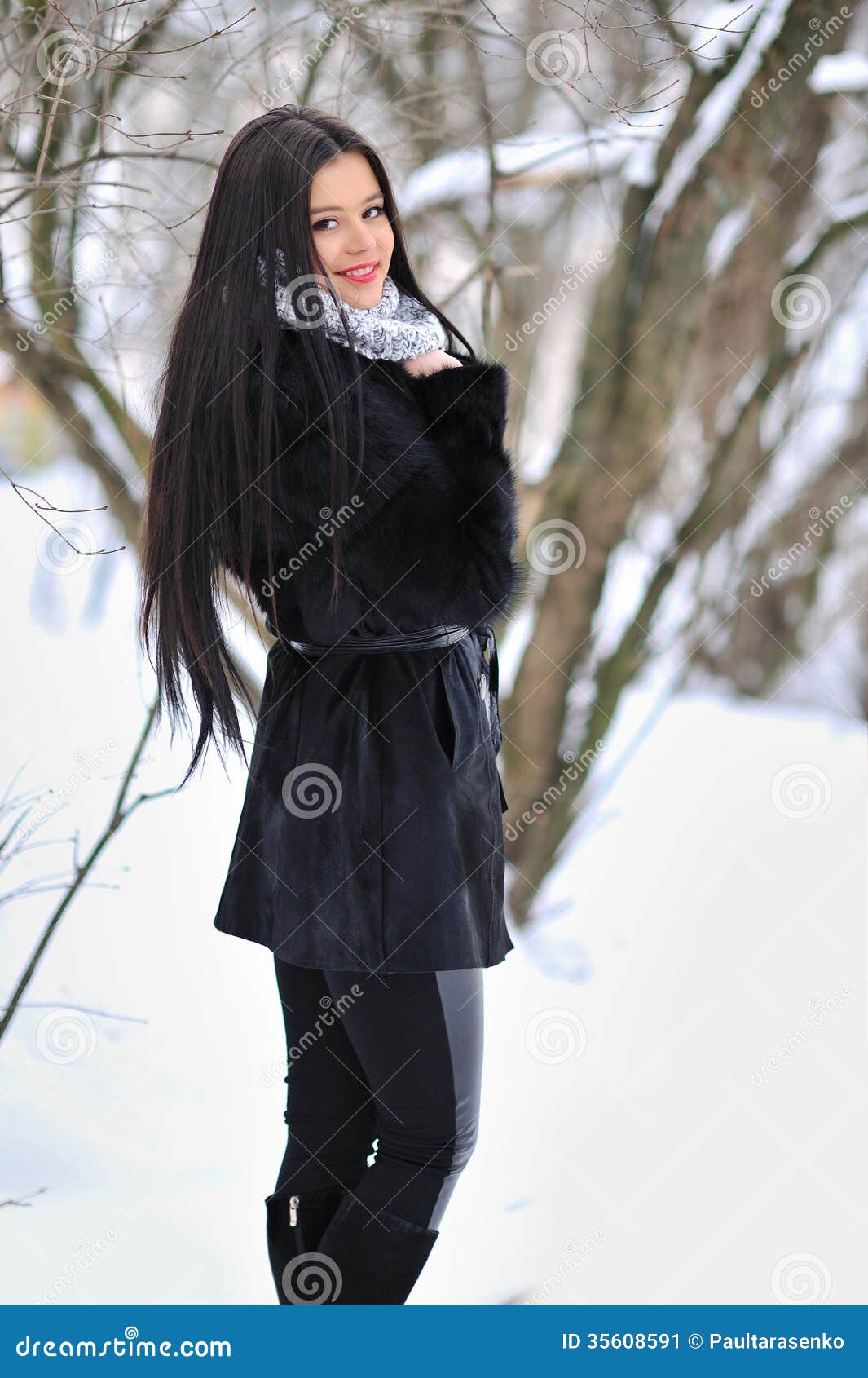 portrait de jeune femme de brune dans le manteau de fourrure au backgroun d u0026 39 hiver image stock