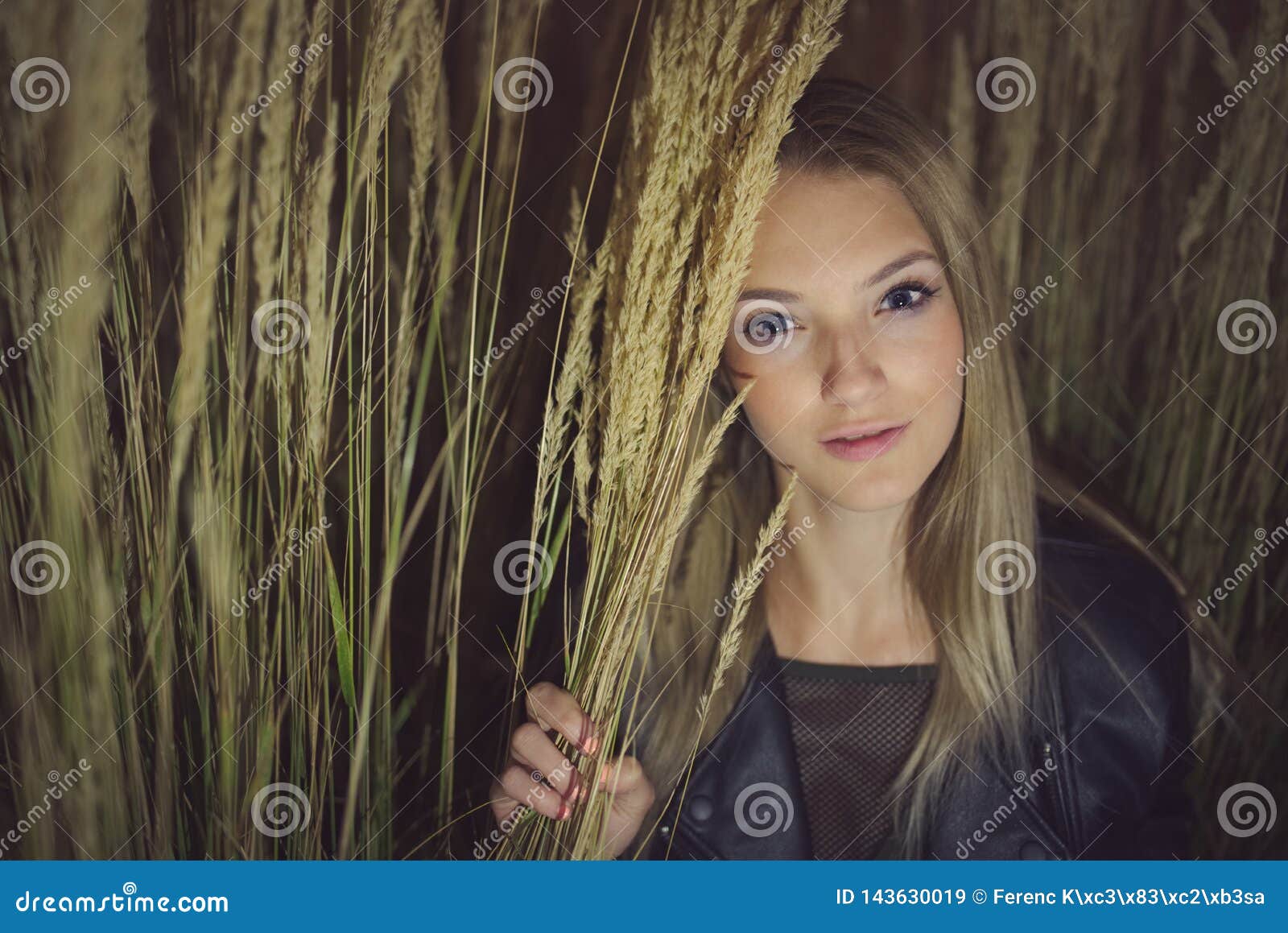 Portrait de l'adolescence de nuit de fille dans la longue herbe