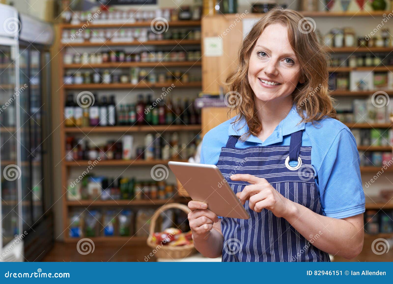 Portrait of Delicatessen Owner with Digital Tablet Stock Image Image