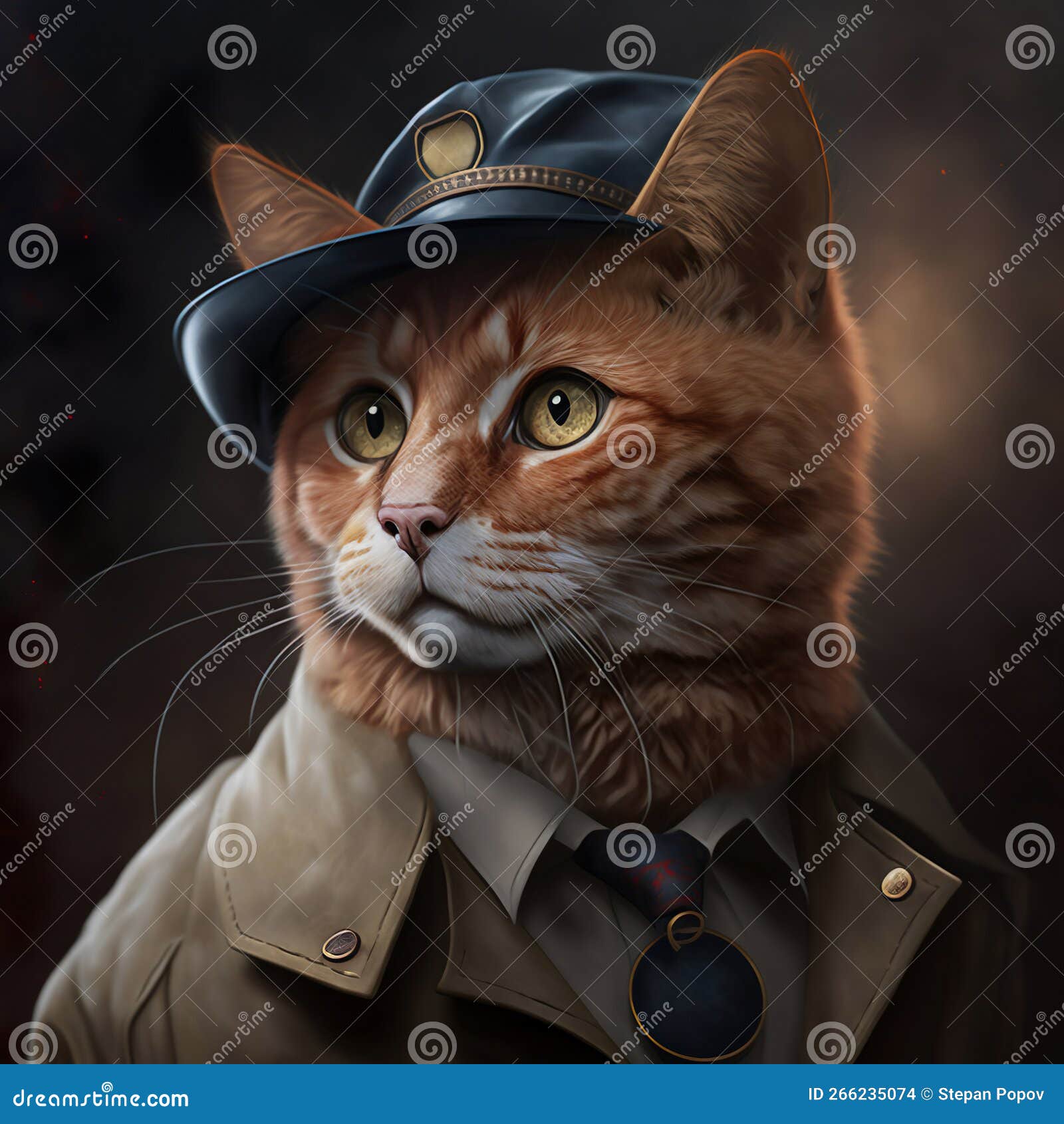 A Portrait of a Detective Cat. Created with Generative AI Stock