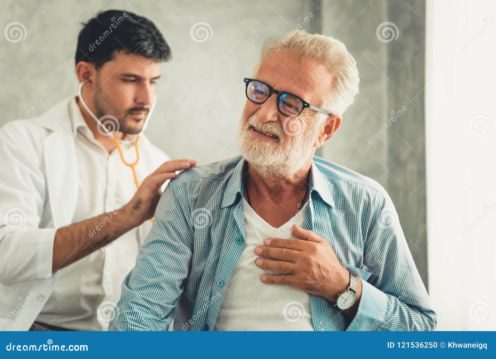 portrait of doctor is examining physical symptom of senior patient in examination room, healthcare and occupational concept