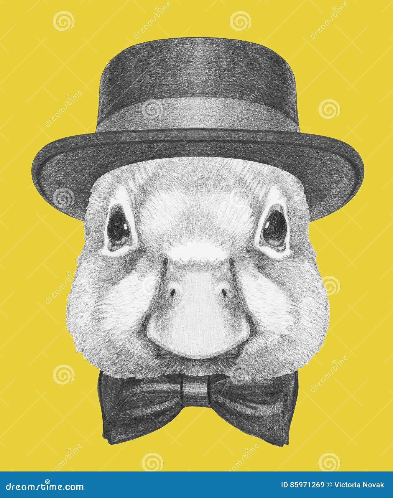 Portrait of Duck with Hat and Bow Tie. Stock Illustration