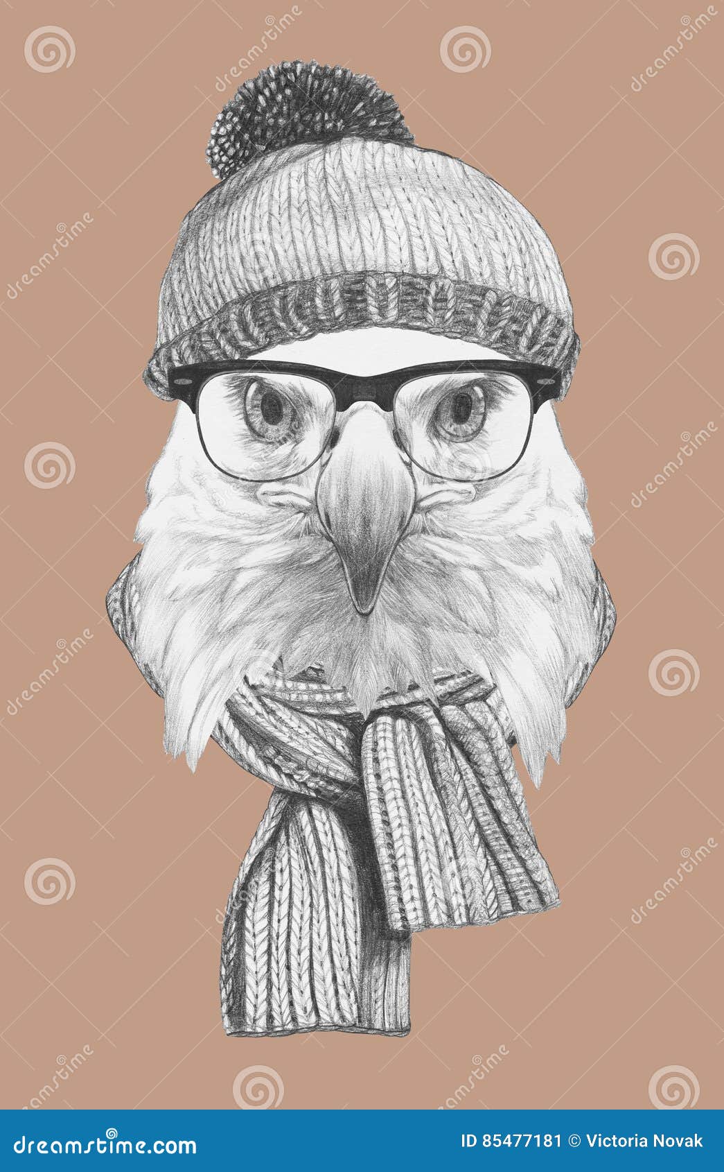 Portrait of Eagle with Hat, Glasses and Scarf. Stock Illustration