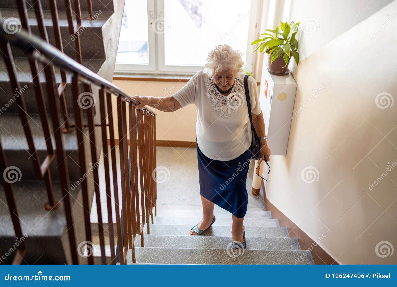 Senior Woman Climbing Staircase with Difficulty Stock Photo Image of