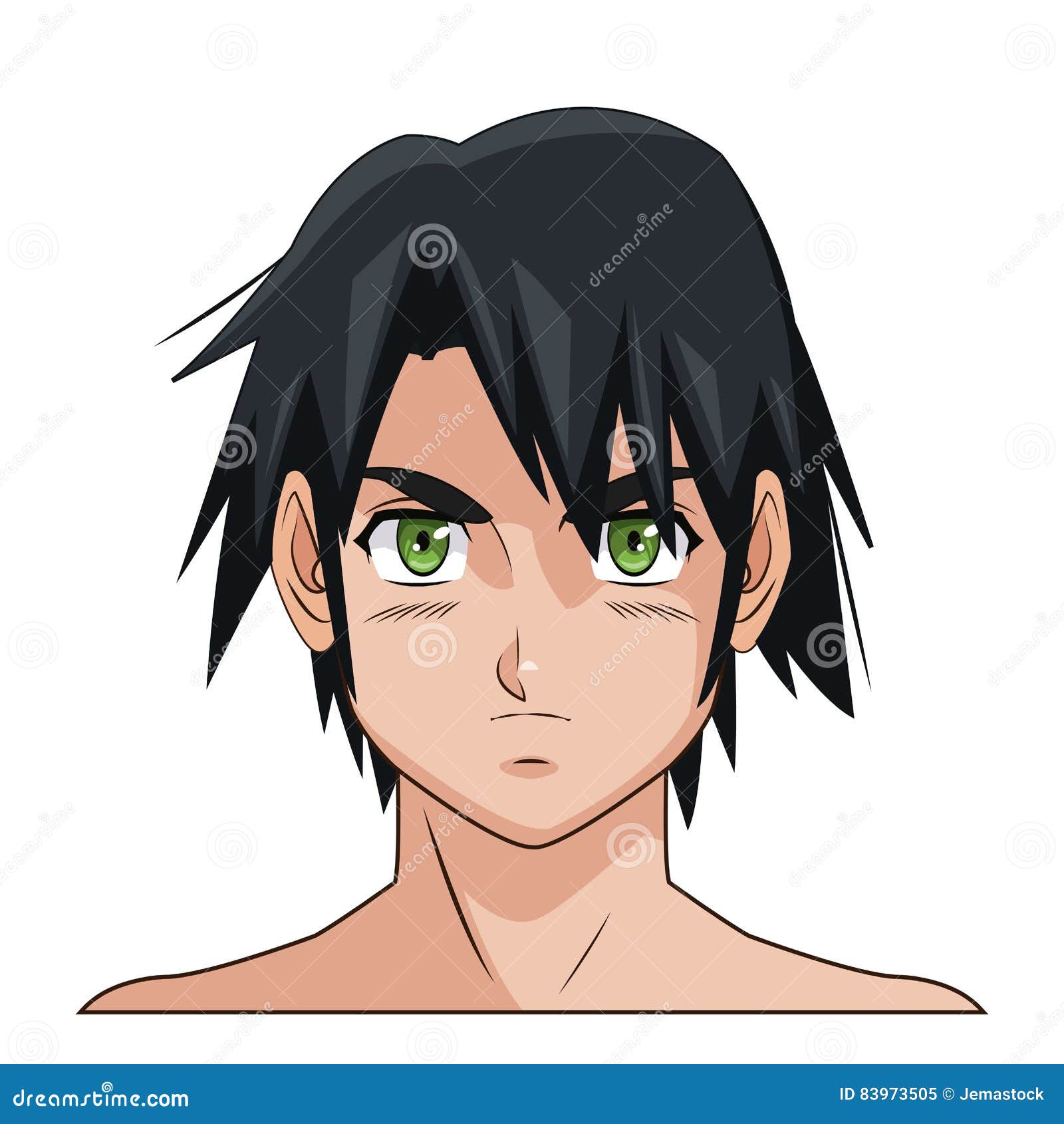 Portrait Face Manga Anime Male Black Hair Green Eyes Stock Vector -  Illustration of pencil, painting: 83973505