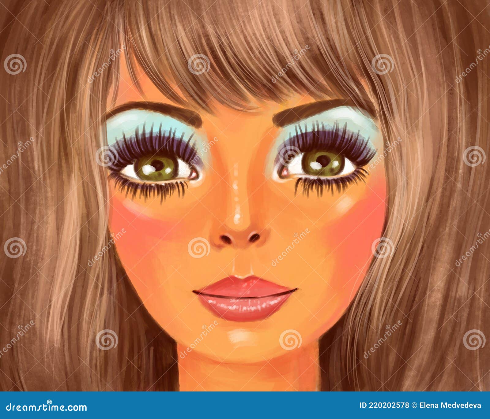 Portrait Face of Woman Looking at Camera. 70s Style Makeup, Doll