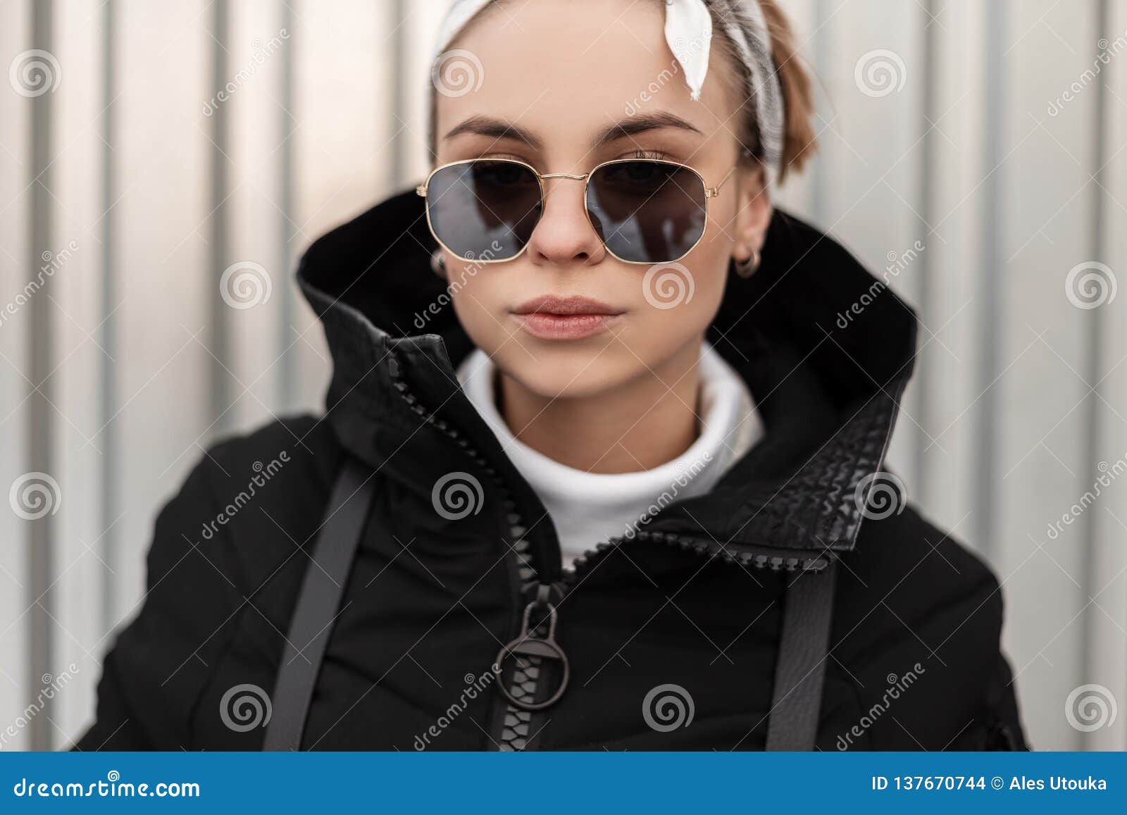 Portrait of a Fashionable Young Hipster Woman in Trendy Sunglasses with ...