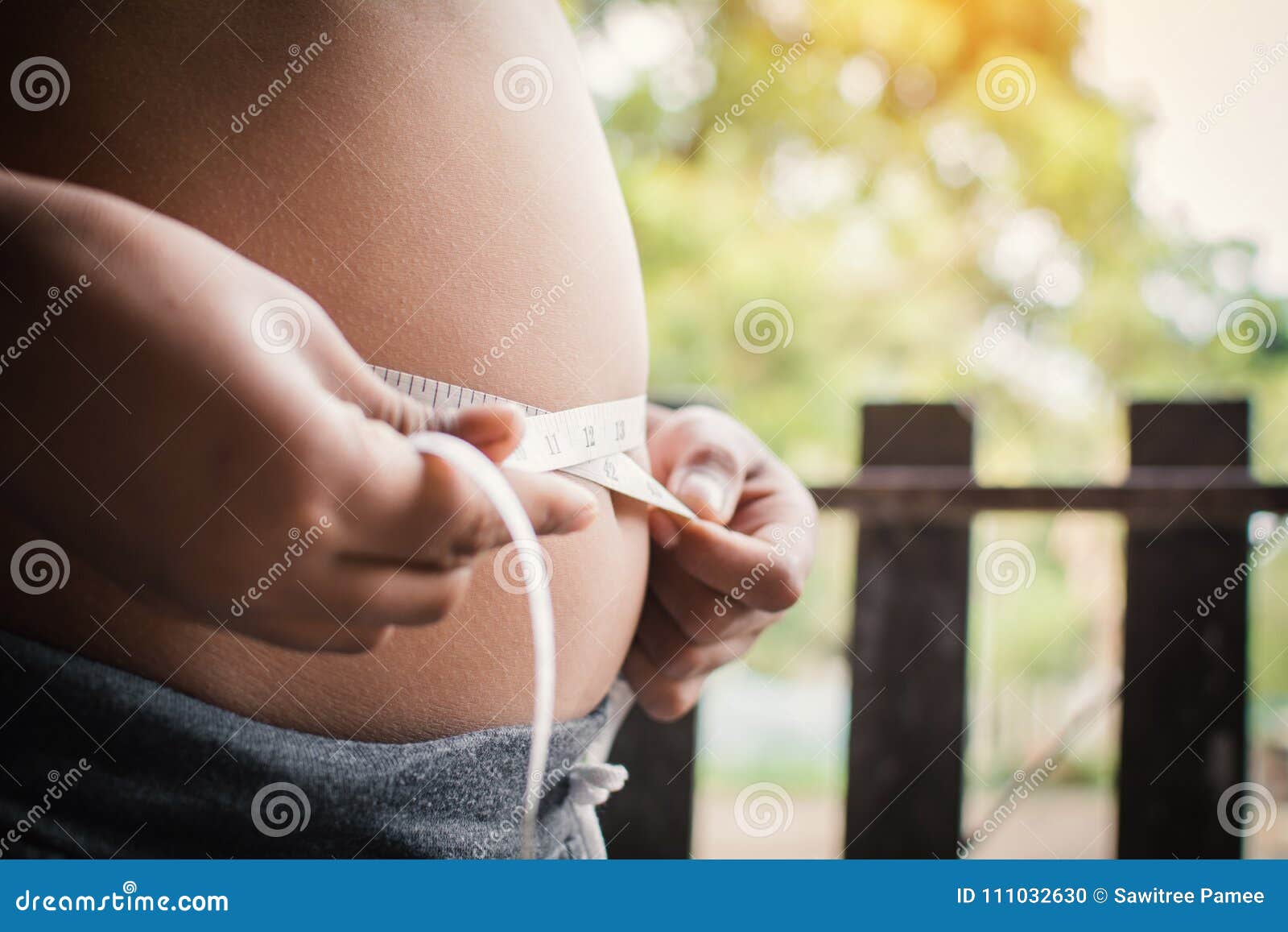 Portrait Fat Boy Measuring Tape Of Stomach Stock Photo Imag