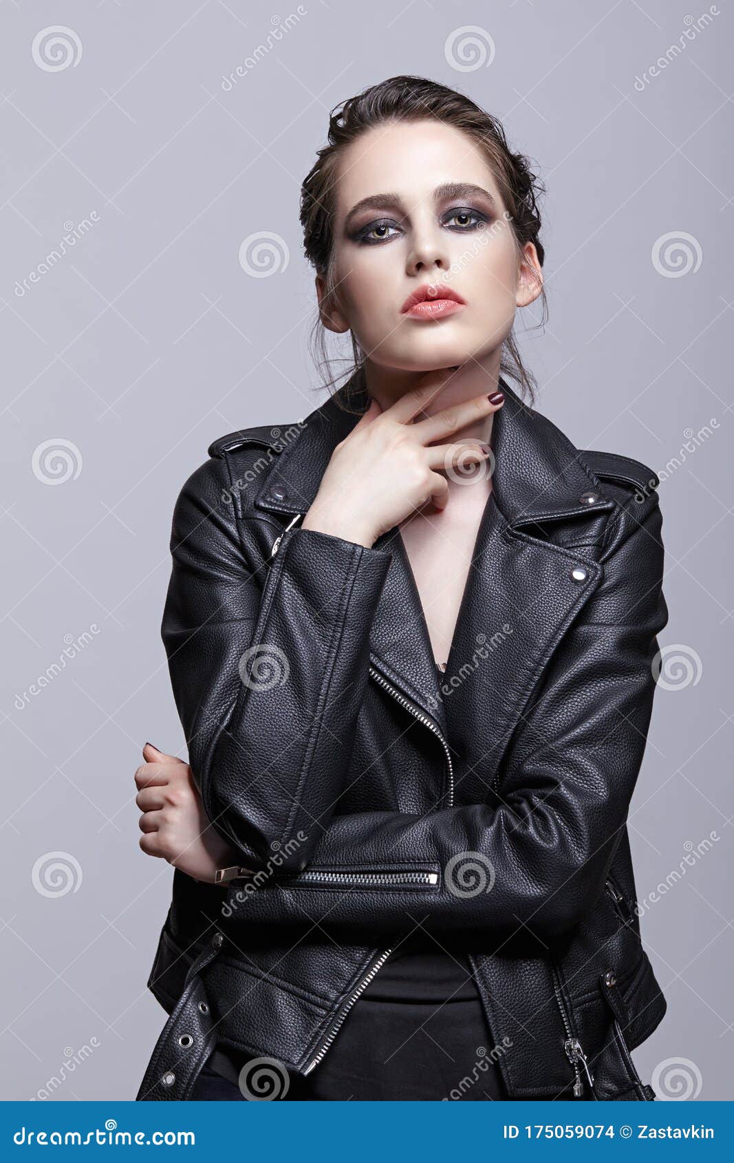 Portrait of Female in Black Leather Jacket. Woman with Unusual Beauty ...