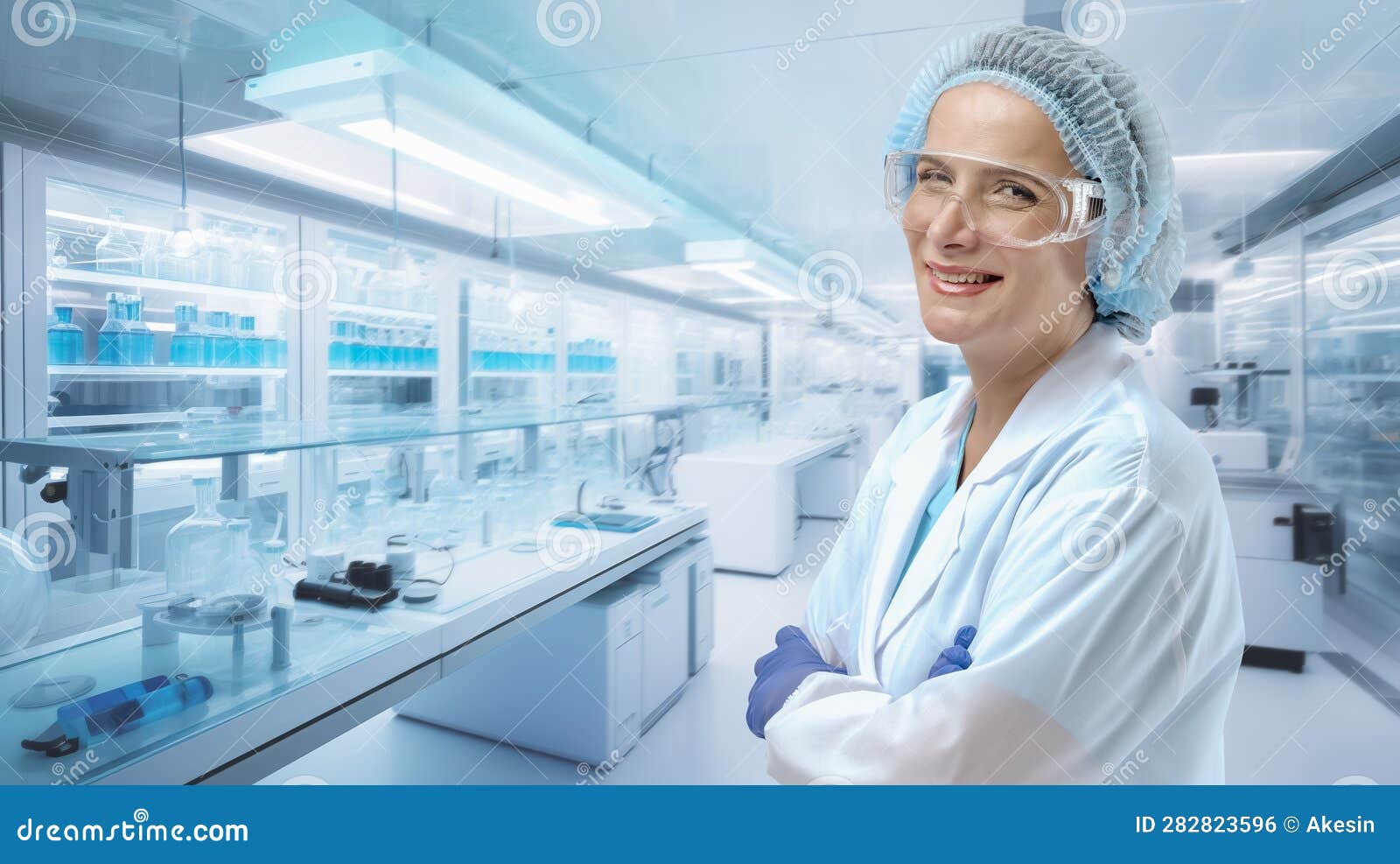 portrait of a female hispanic research scientist donned in a lab coat and protective glasses, standing amidst cutting edge