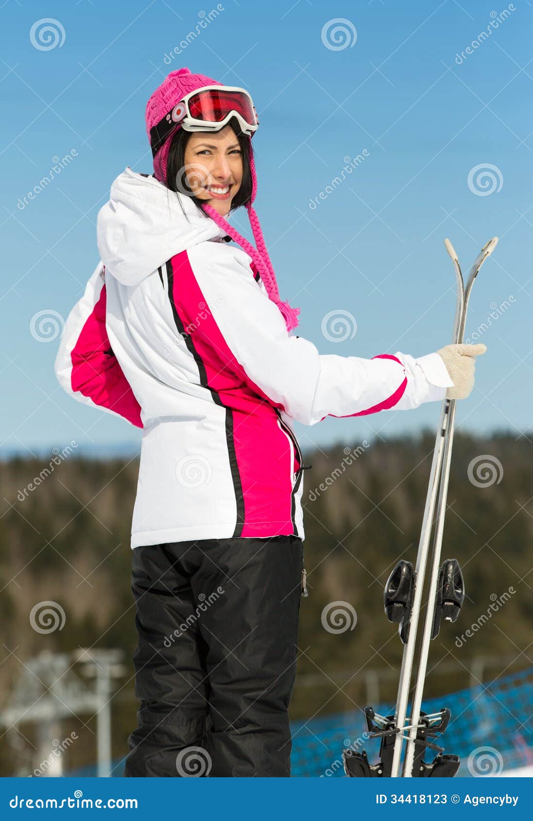 Portrait of Female Skier Standing with Skis in Hands Stock Image ...