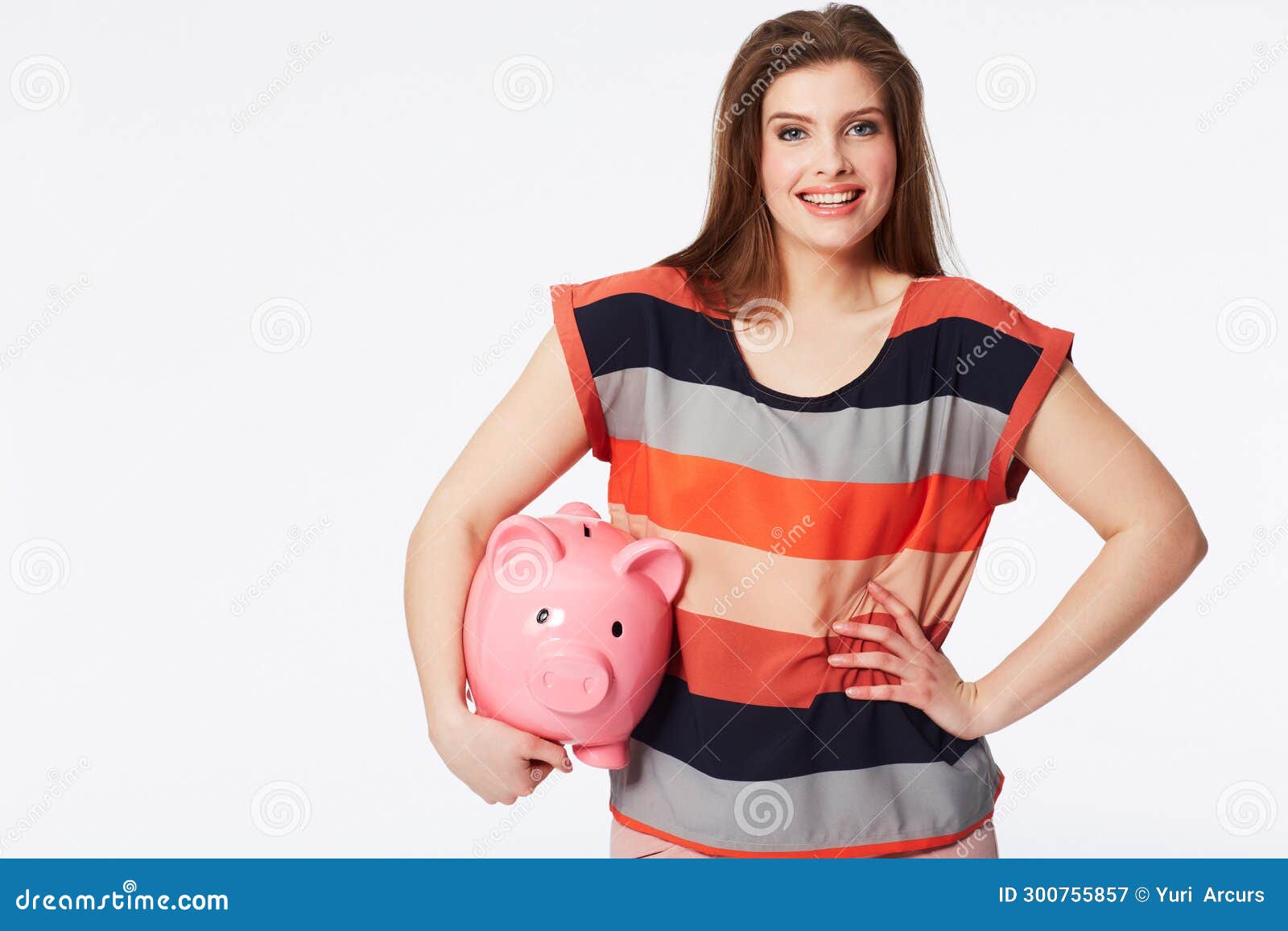 portrait, finance and woman with piggy bank in studio for savings, payment our budget on white background. money, box or