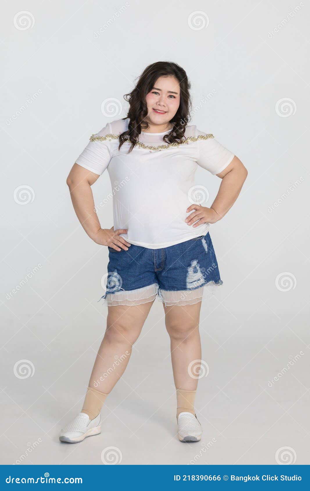 Portrait Full Body Shot of Asian Young Happy Cute Friendly Overweight Fat  Teen Long Black Hair Female Wears White Shirt and Short Stock Photo - Image  of blue, background: 218390666