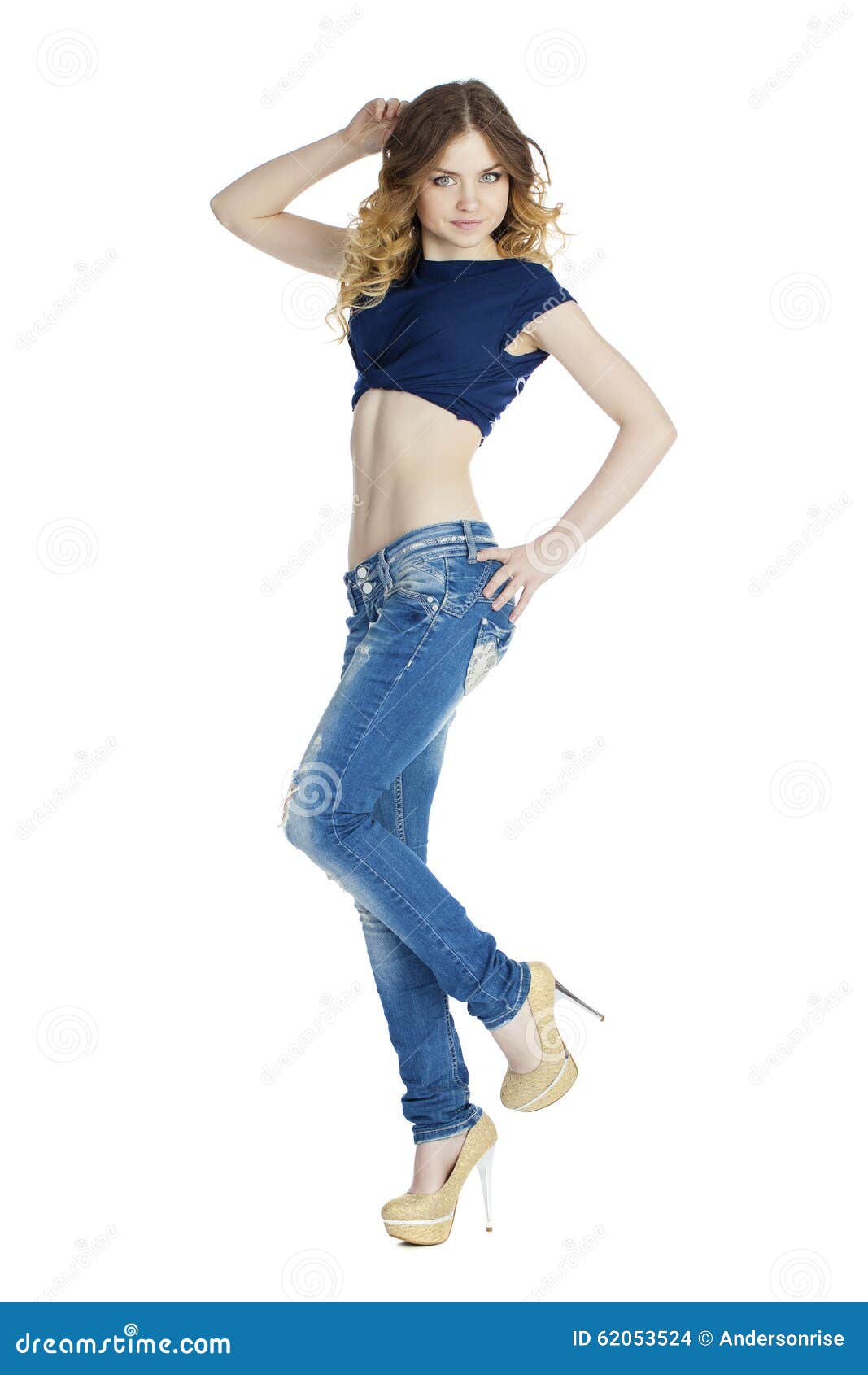 Portrait in Full Growth the Young Girl in Blue Jeans Stock Photo ...