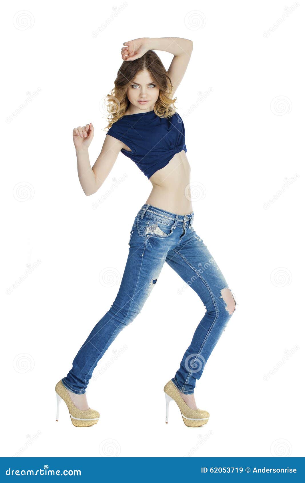 Portrait in Full Growth the Young Girl in Blue Jeans Stock Image ...