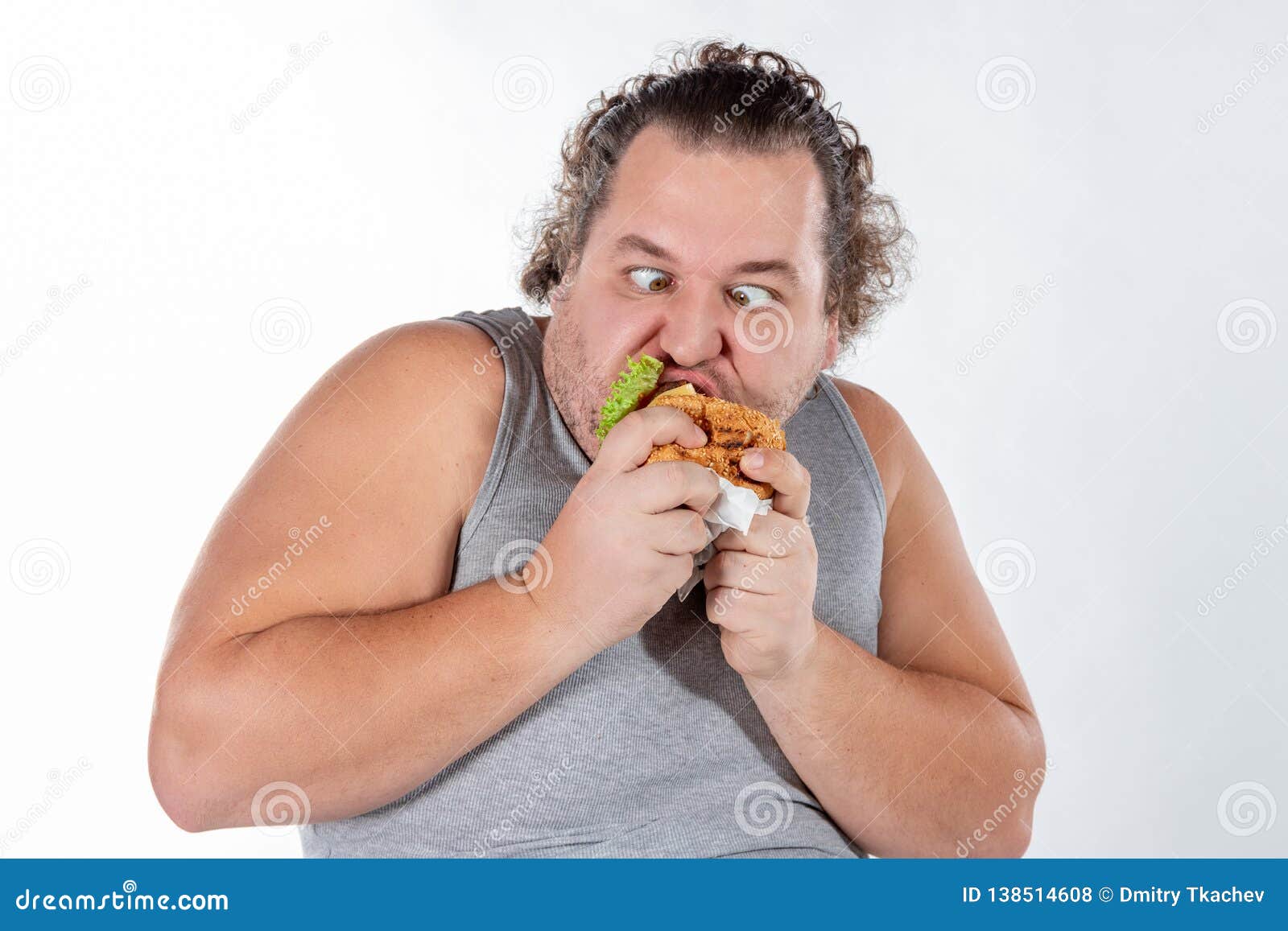 Portrait of Funny Fat Man Eating Fast Food Burger Isolated on White ...