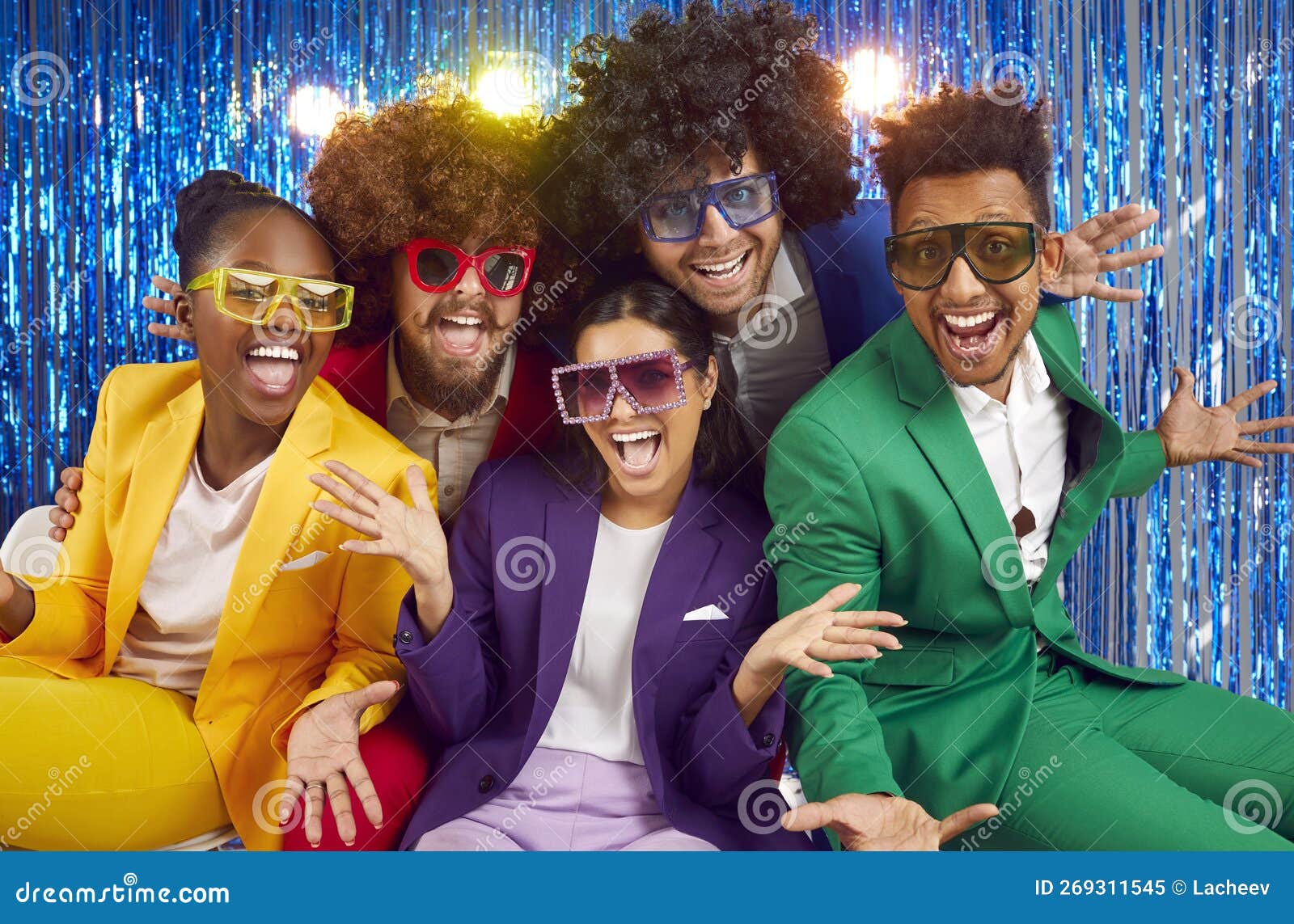 A group of disco girls in African American wigs and colorful