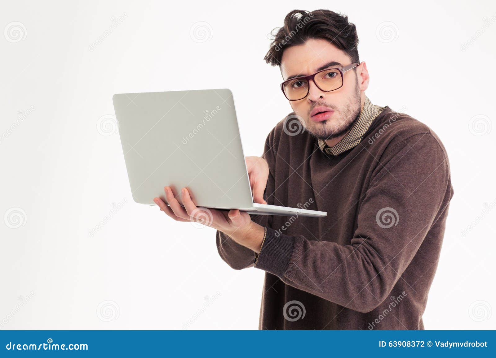 portrait of a funny man using laptop compter