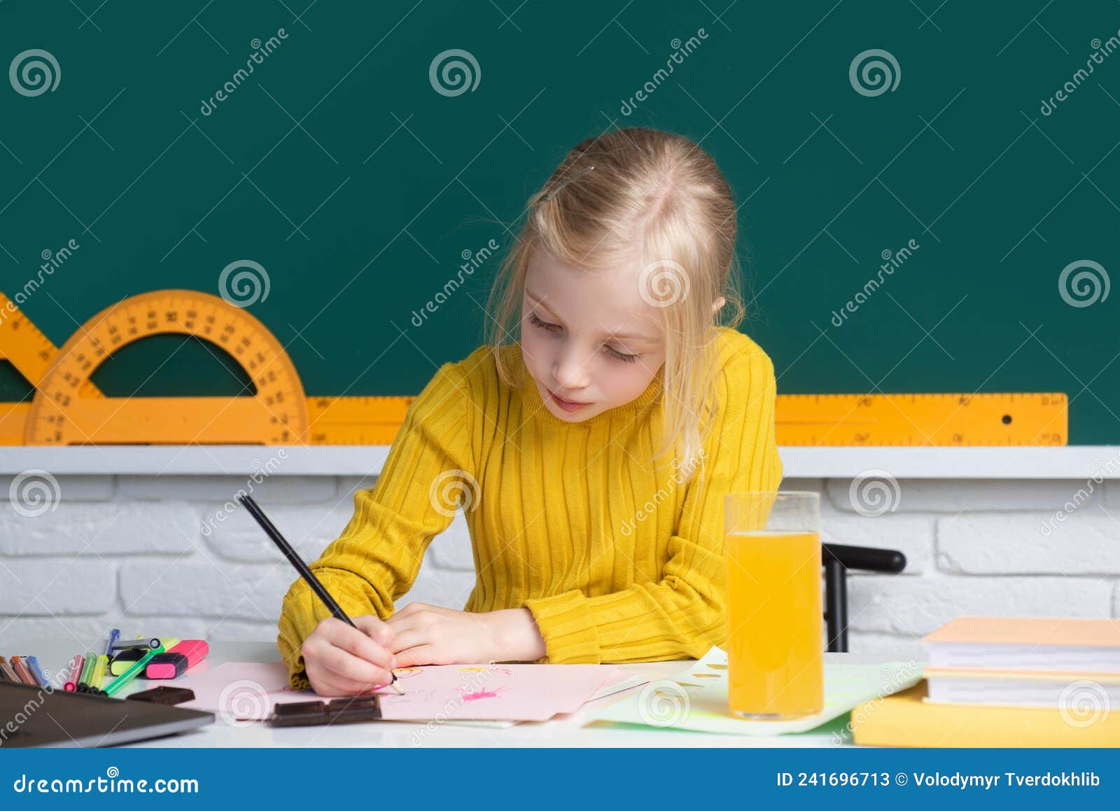 Portrait of Funny Pupil Girl of Primary School Study. Genius Child ...