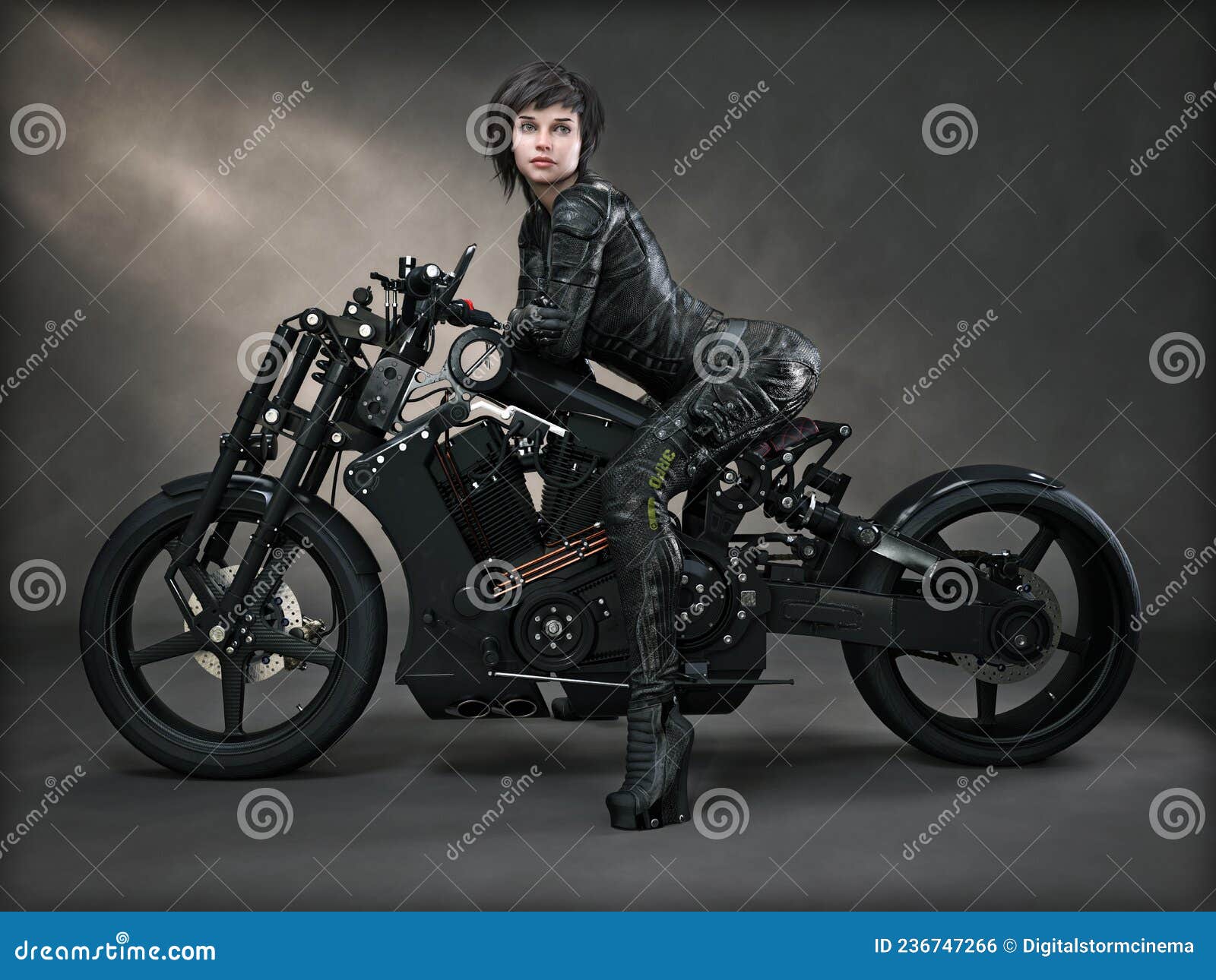 Portrait of a Futuristic Sci Fi Female and Her Custom Black Motorcycle