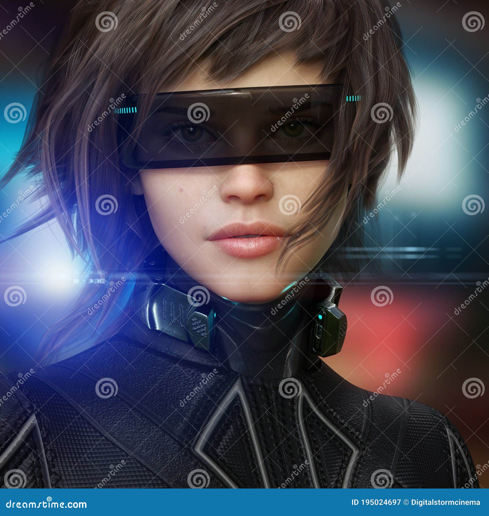 portrait of a futuristic sci fi female wearing a tactical jump suit and a science fiction visor