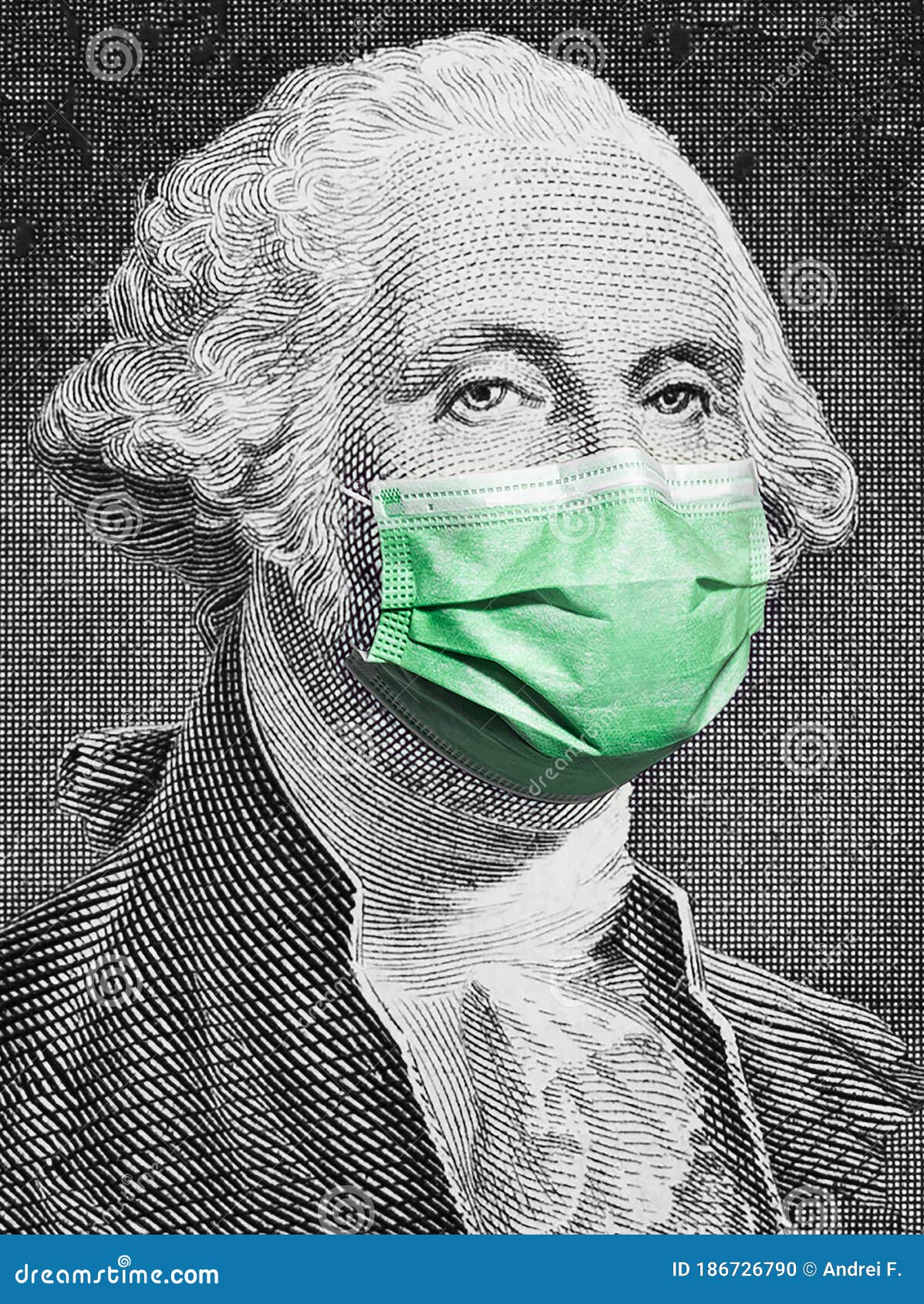 portrait of george washington from the 100 american dollar banknote, wearing medical face mask against covid-19 infection.