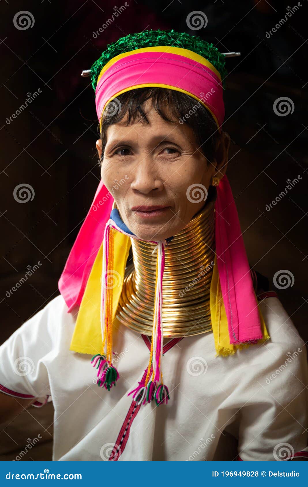 Portrait of a Giraffe Woman with Neck Rings in Inle Lake, Burma Myanmar