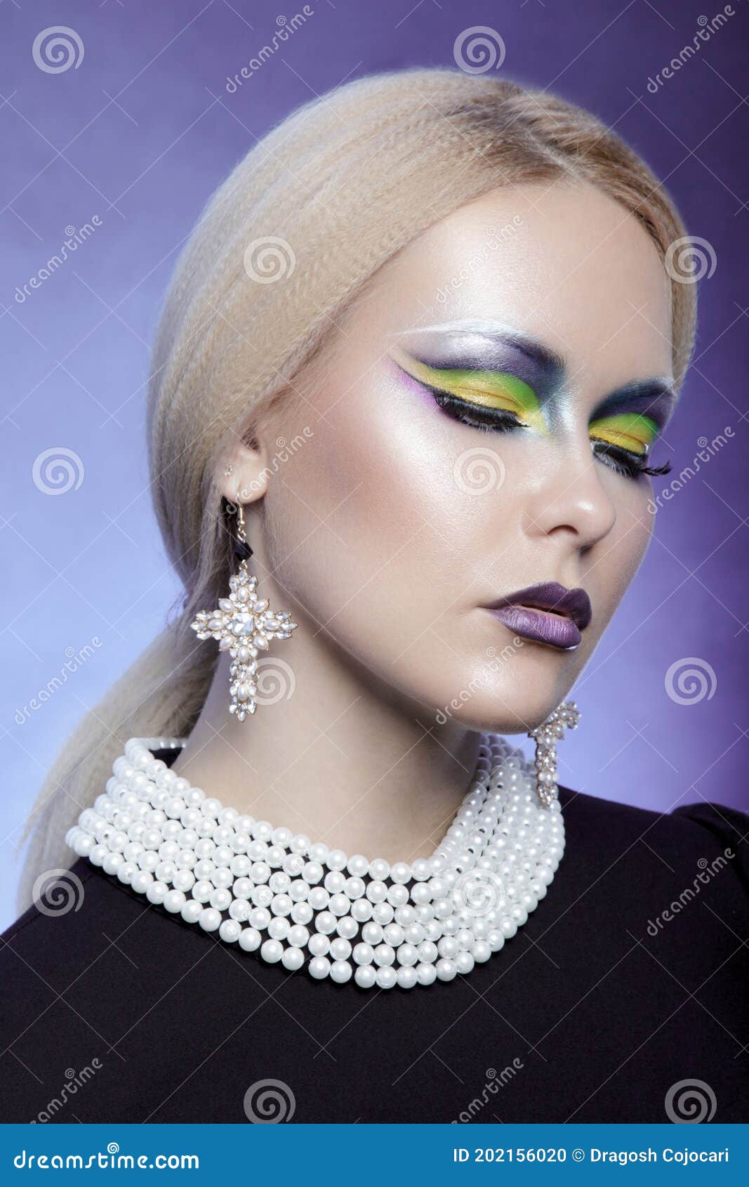 Portrait of a Girl with Blonde Hair and a Fashion Make-up with Closed Eyes,  Wear Pearl Necklace and Cross Earrings. Stock Photo - Image of bright,  brows: 202156020