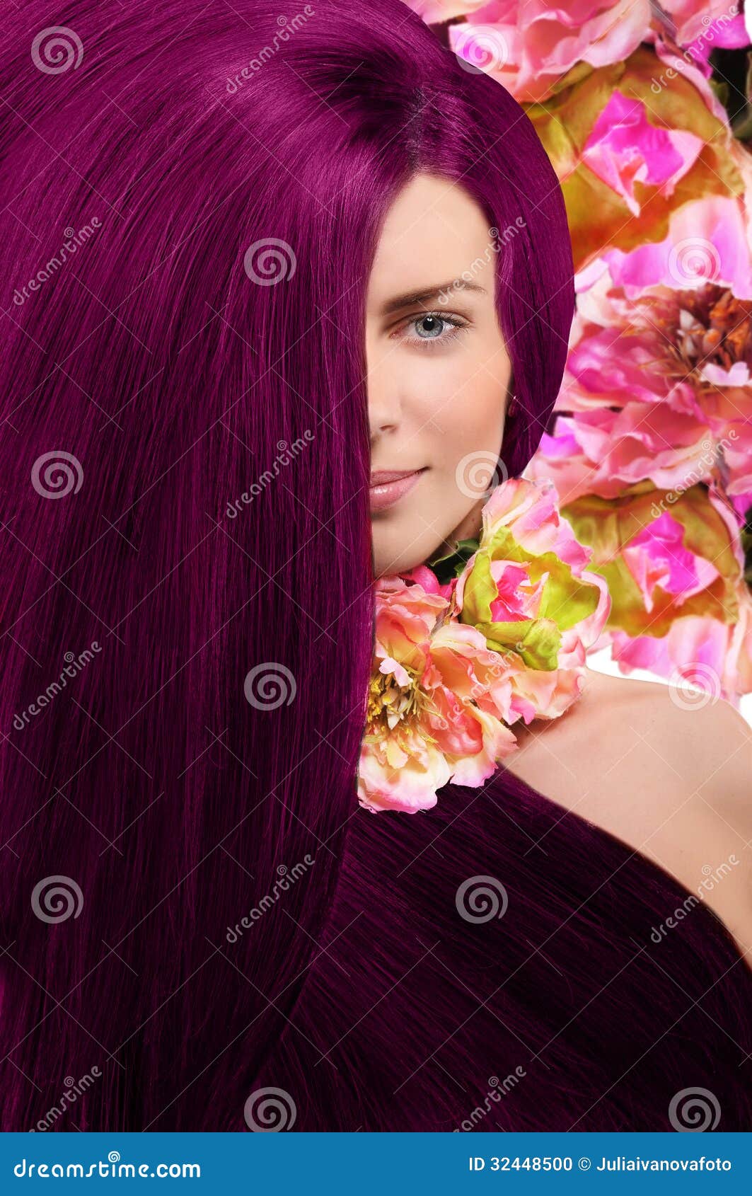 Portrait of a Girl with Burgundy Hair on Floral Background Stock Photo -  Image of hair, young: 32448500