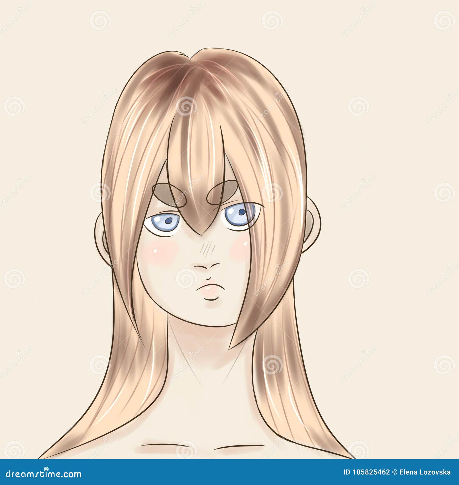 A Portrait Of A Girl Drawn In An Anime Style Stock Illustration