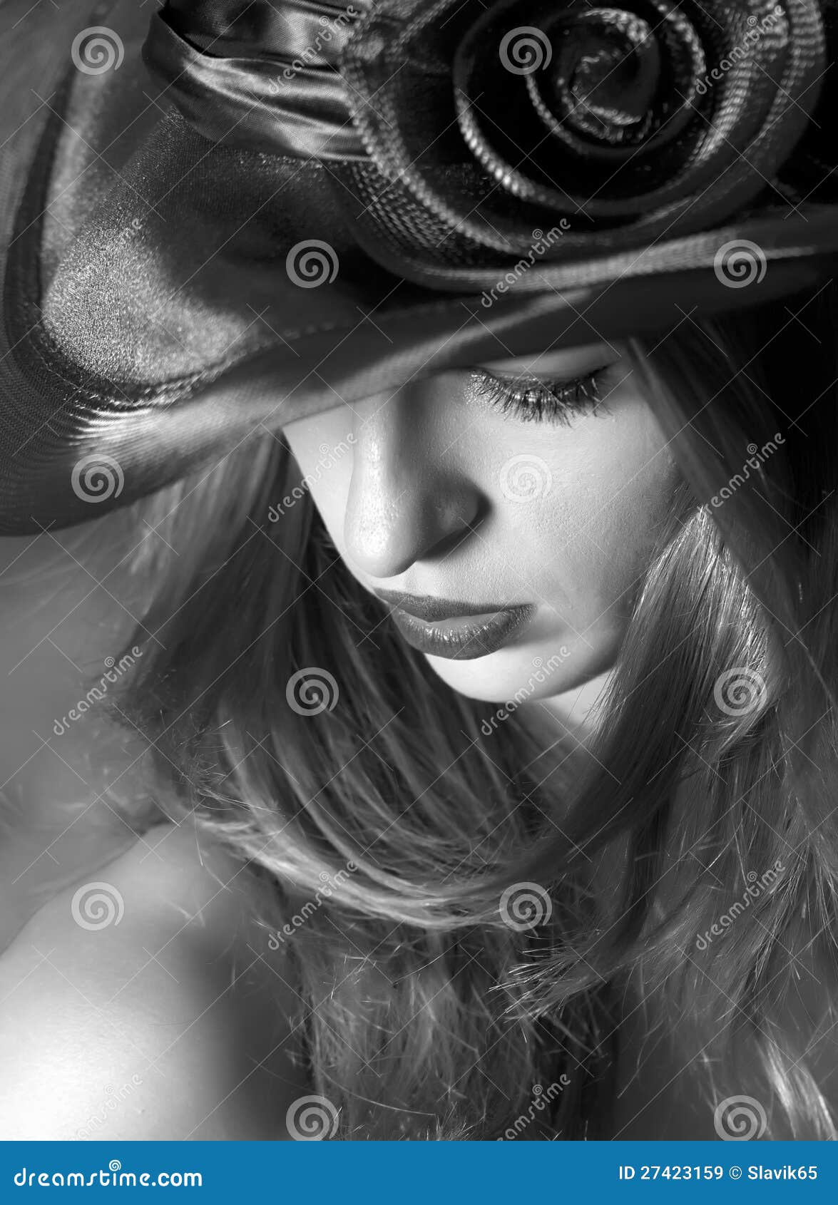 Portrait of the Girl in a Hat. Black and White Stock Image Image of