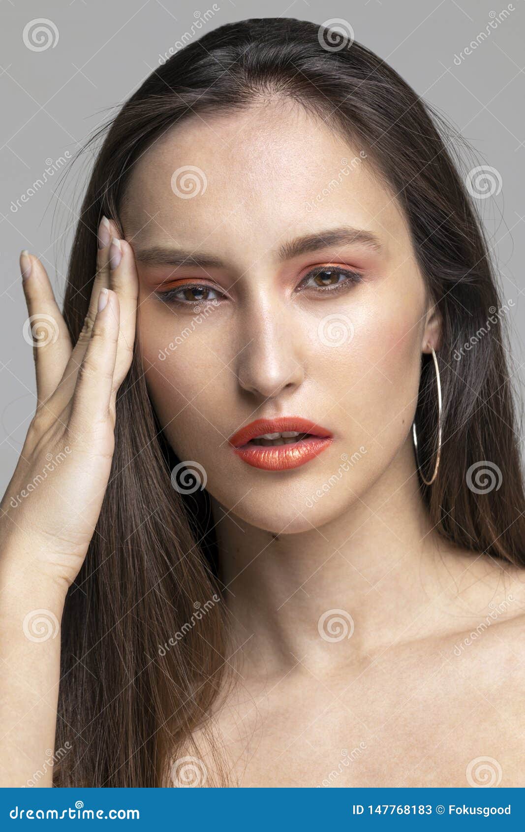Portrait of Girl Model with Hand at His Head Stock Image - Image of ...