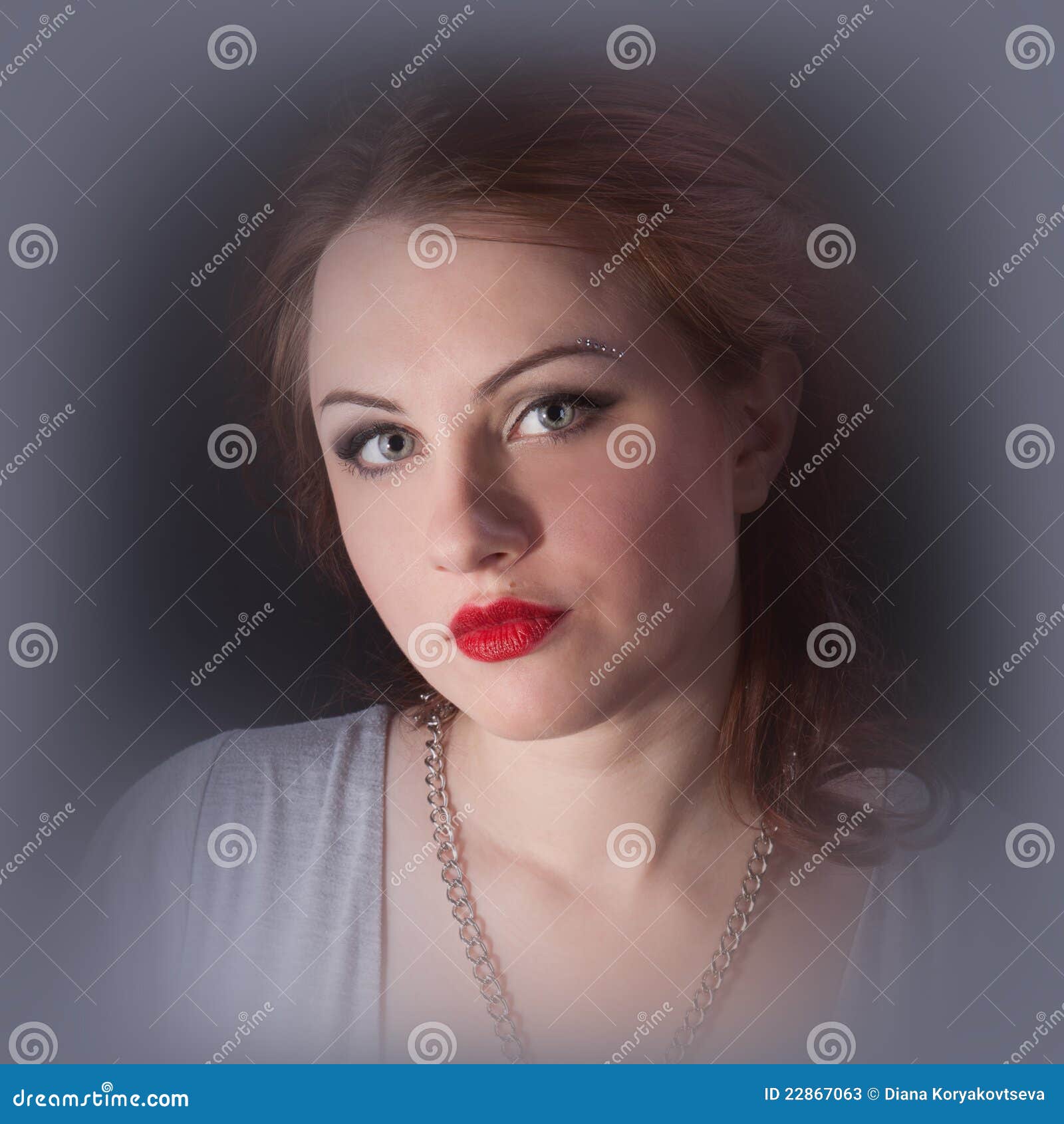 Portrait of a Girl with Red Lips in a Gray Dress Stock Image - Image of ...
